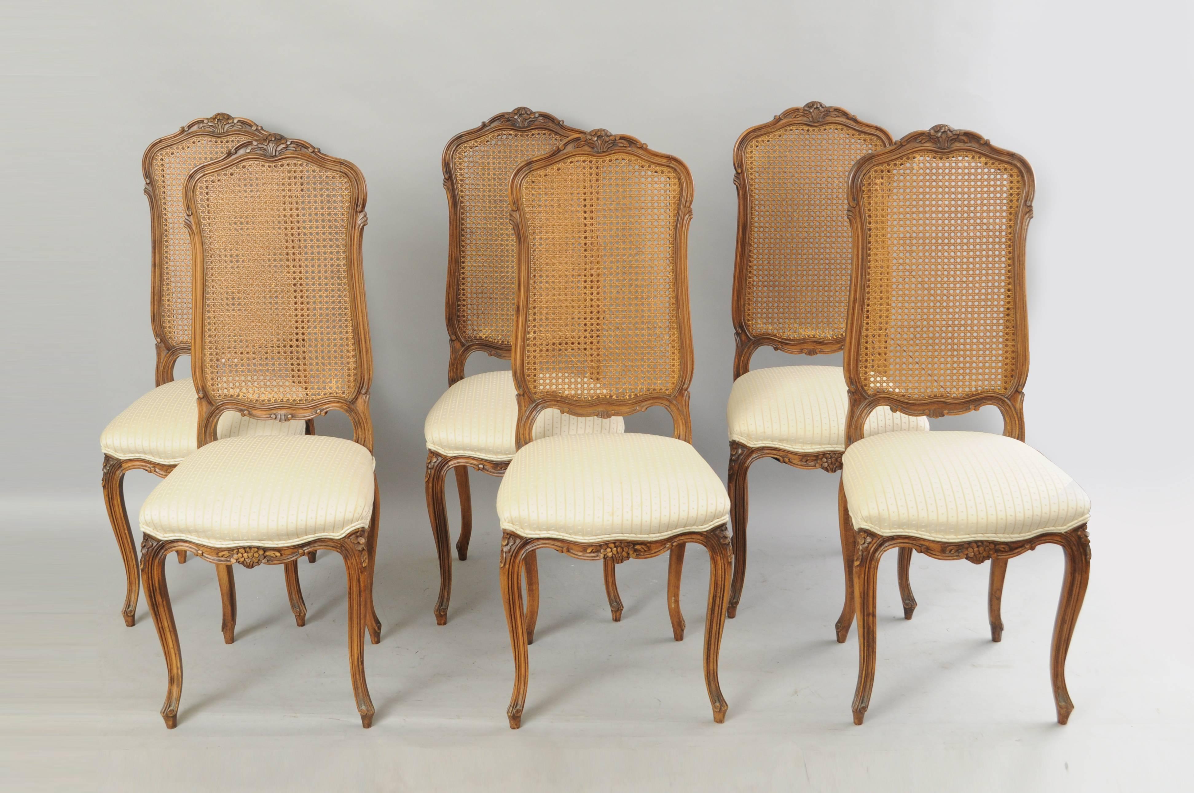 Set of Six French Country Louis XV Style Cane Back Walnut Dining Side Chairs 1