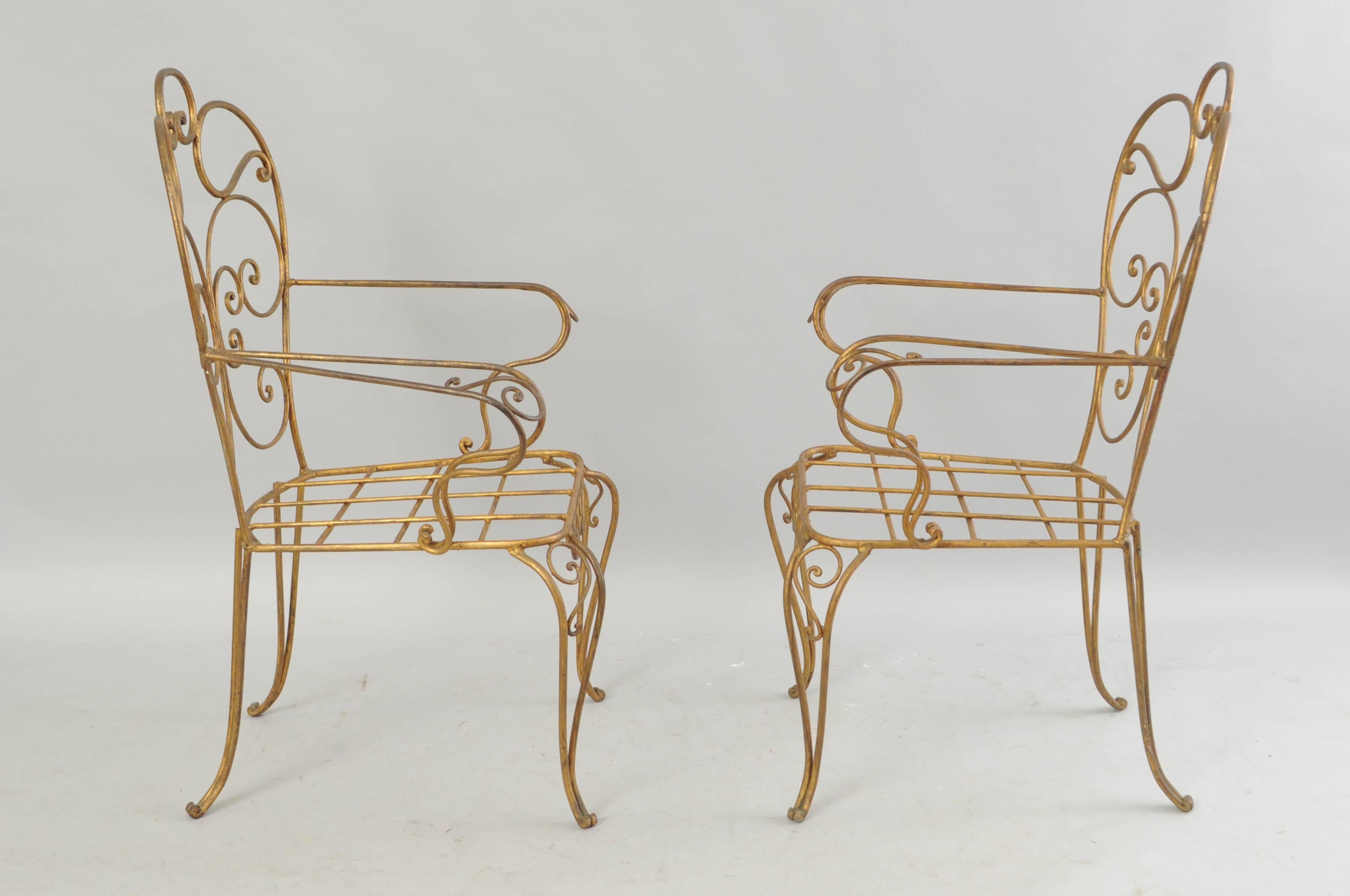 Wrought Iron Set of Four Italian Hollywood Regency Gold Iron Metal Garden Patio Arm Chairs