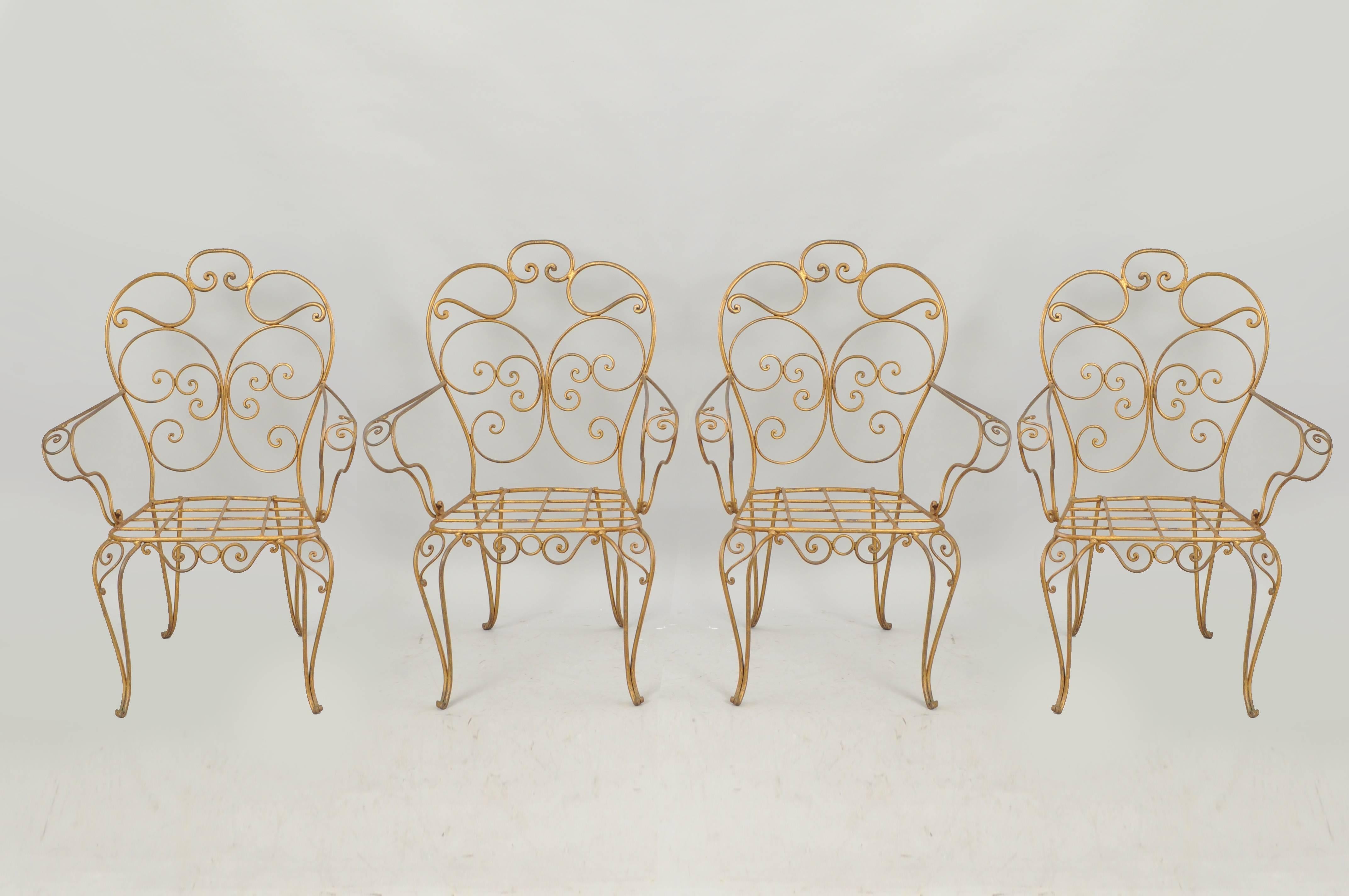 Set of Four Italian Hollywood Regency Gold Iron Metal Garden Patio Arm Chairs 3