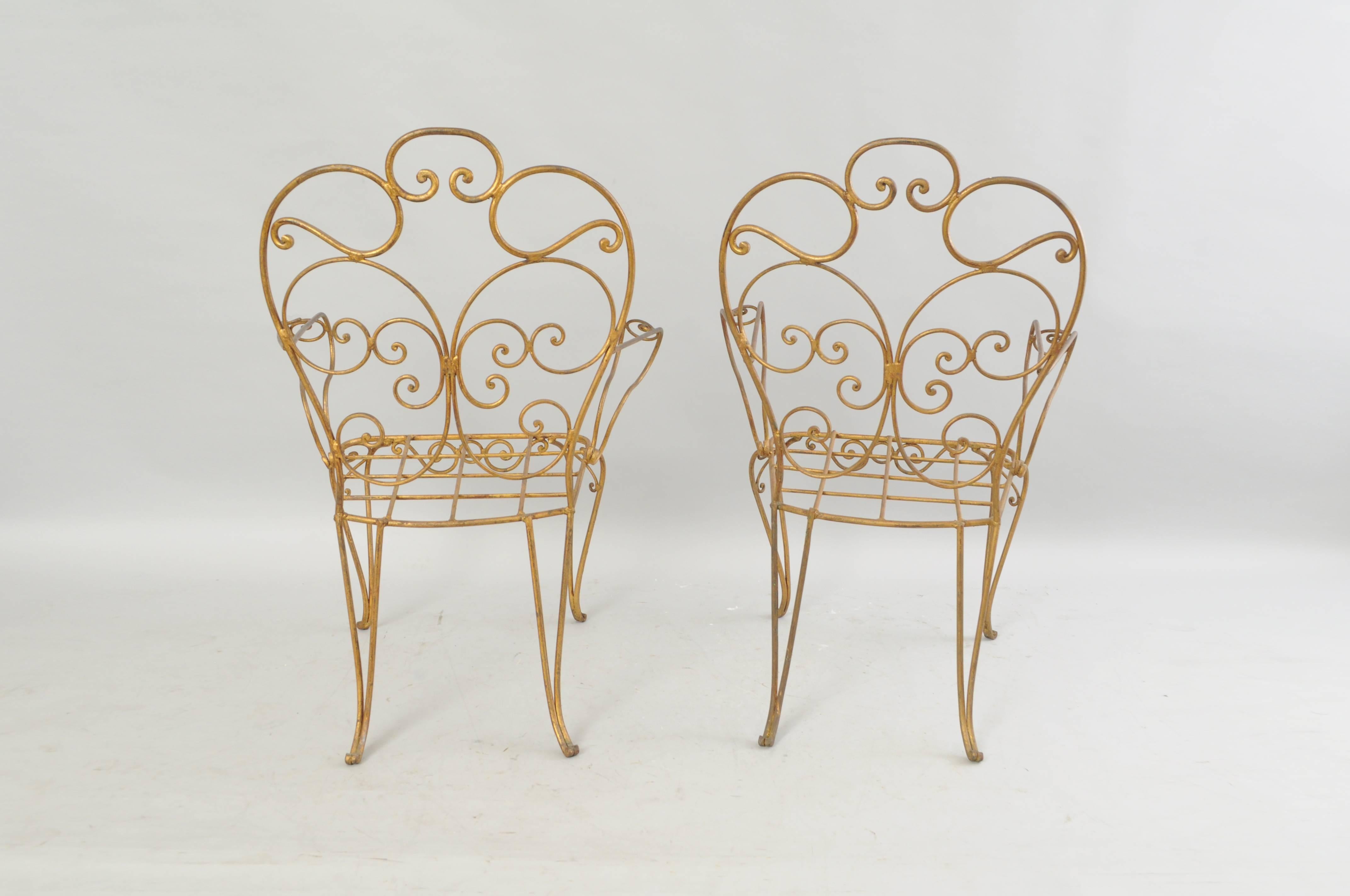Set of Four Italian Hollywood Regency Gold Iron Metal Garden Patio Arm Chairs 2