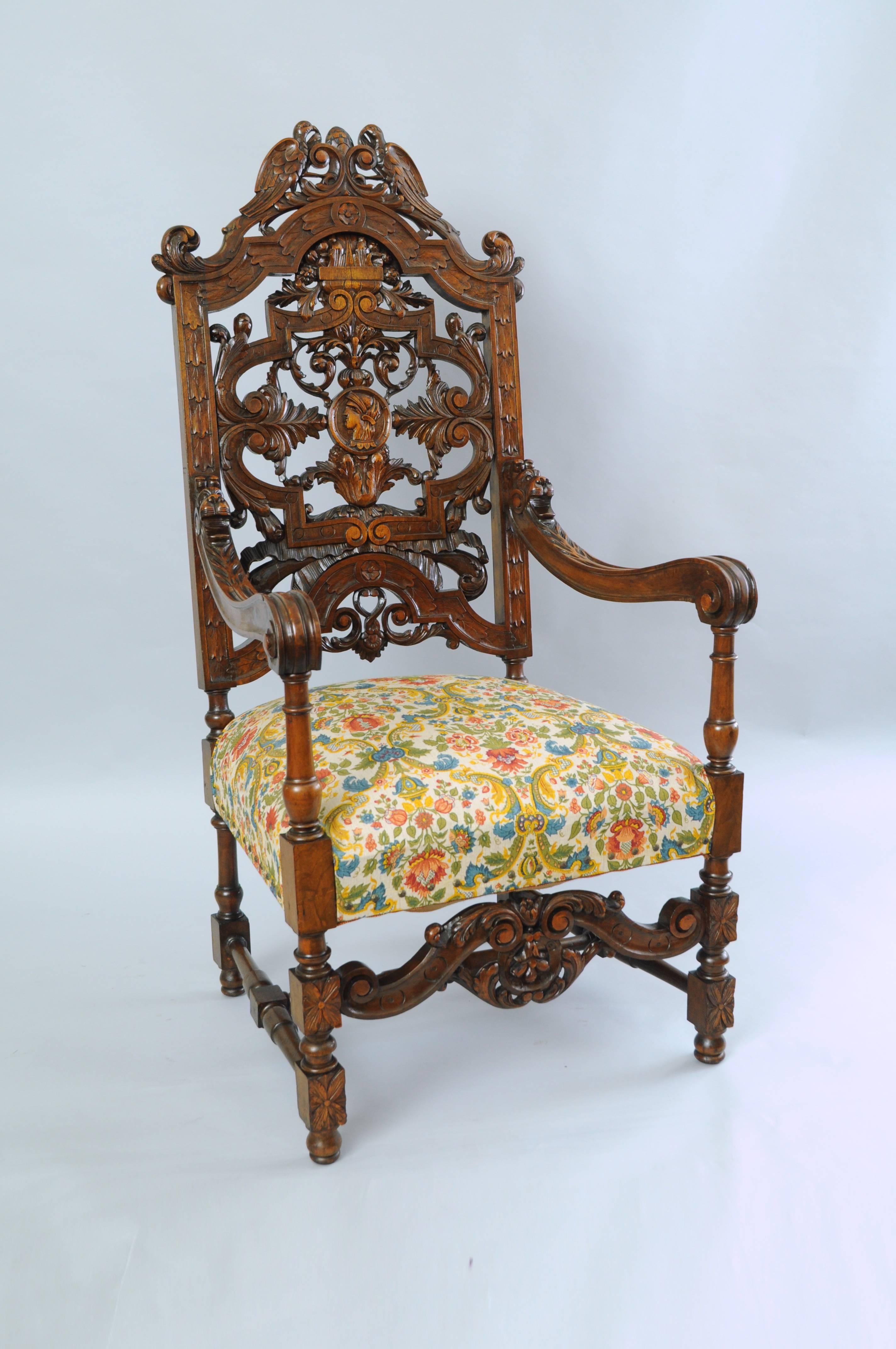 20th Century Italian Renaissance Figural Bird & Lion Carved Walnut Throne Captain Arm Chair For Sale