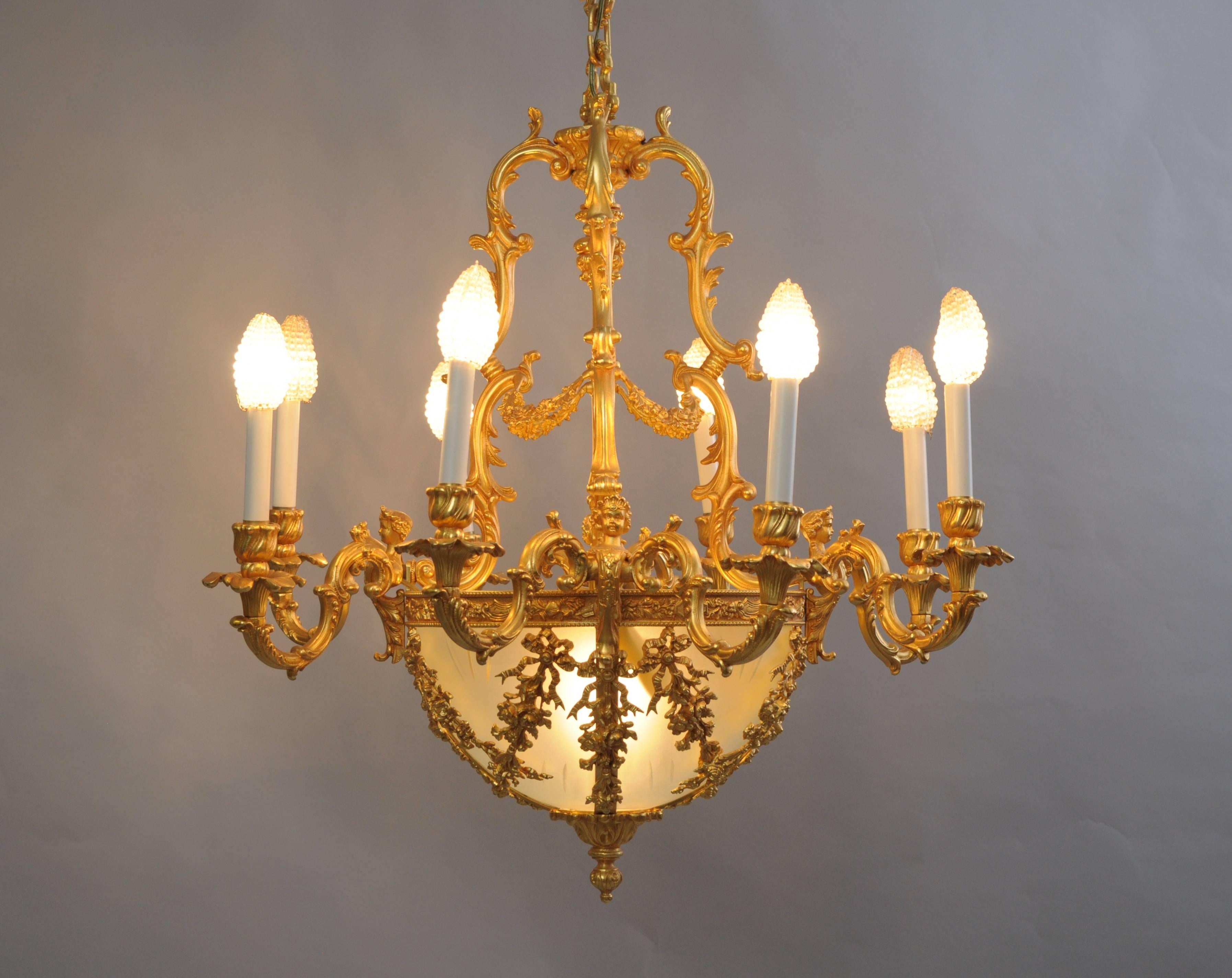 Italian Doré Bronze French Rococo Louis XV Style Figural Cherubs Gold Chandelier 2