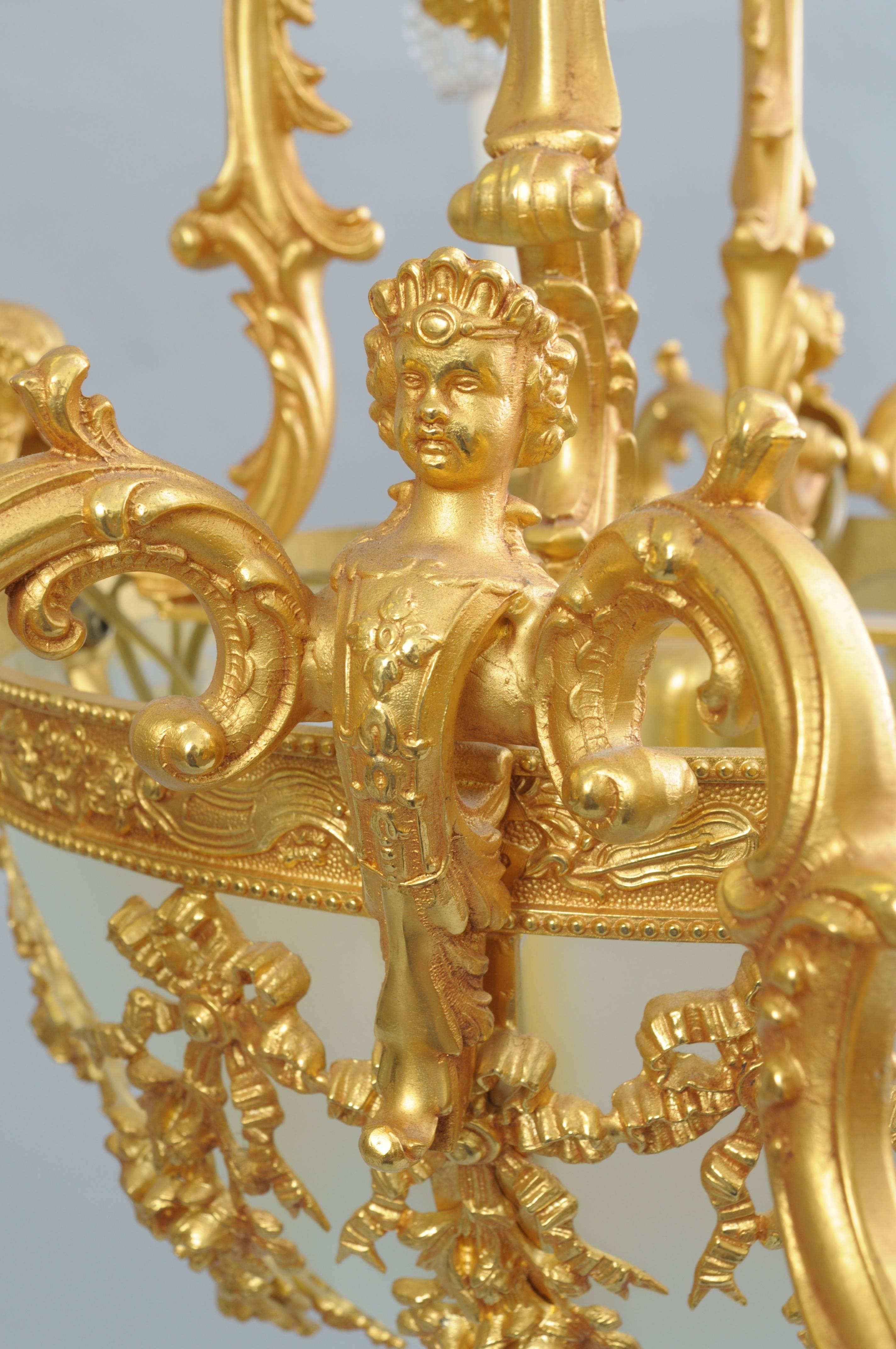 Italian Doré Bronze French Rococo Louis XV Style Figural Cherubs Gold Chandelier In Excellent Condition In Philadelphia, PA