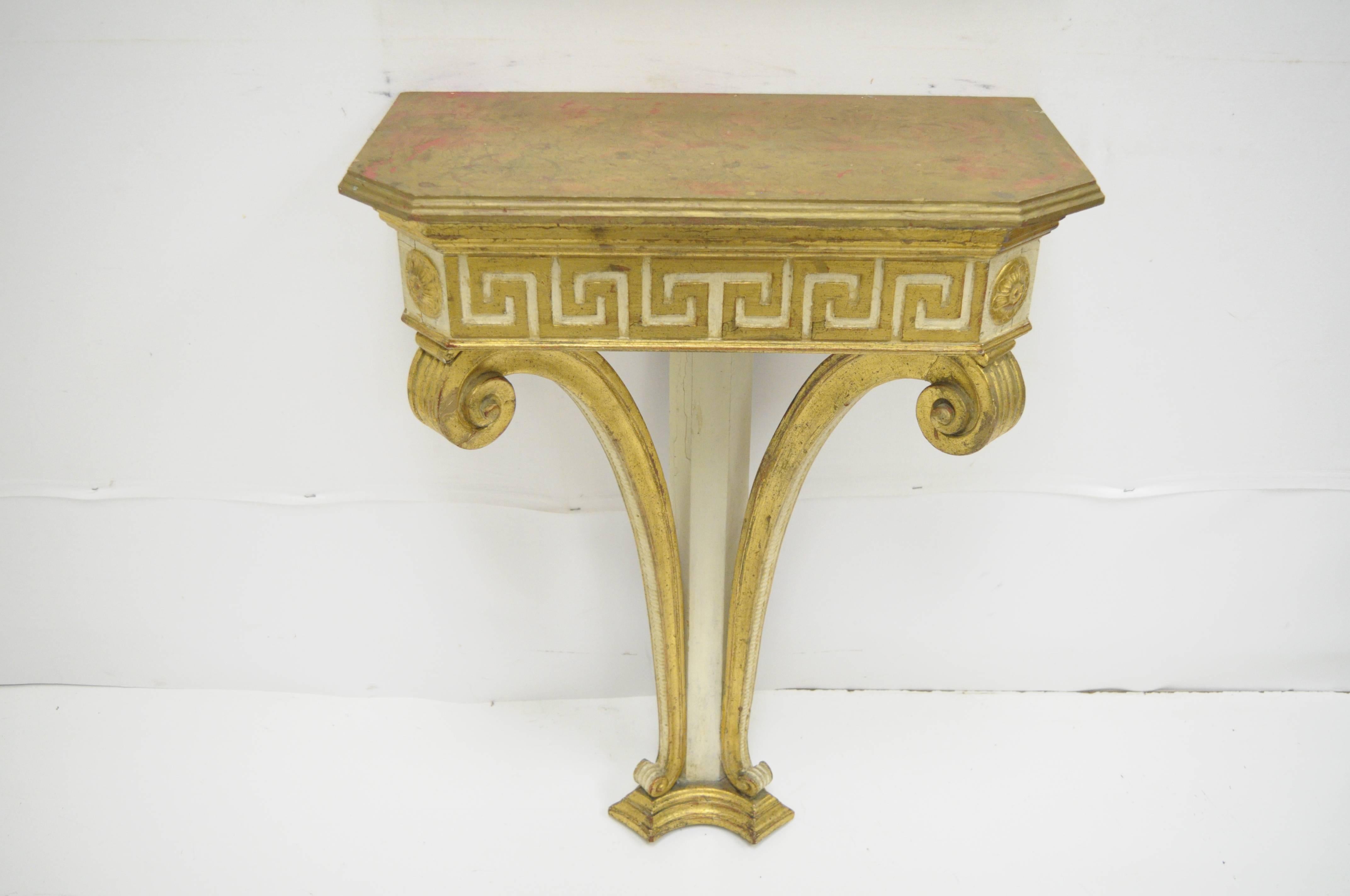 Italian Neoclassical Style Gold Greek Key Wall Mount Console Table and Mirror 3