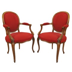 Pair of Baker French Country Louis XV Style Armchairs Oval Upholstered Back