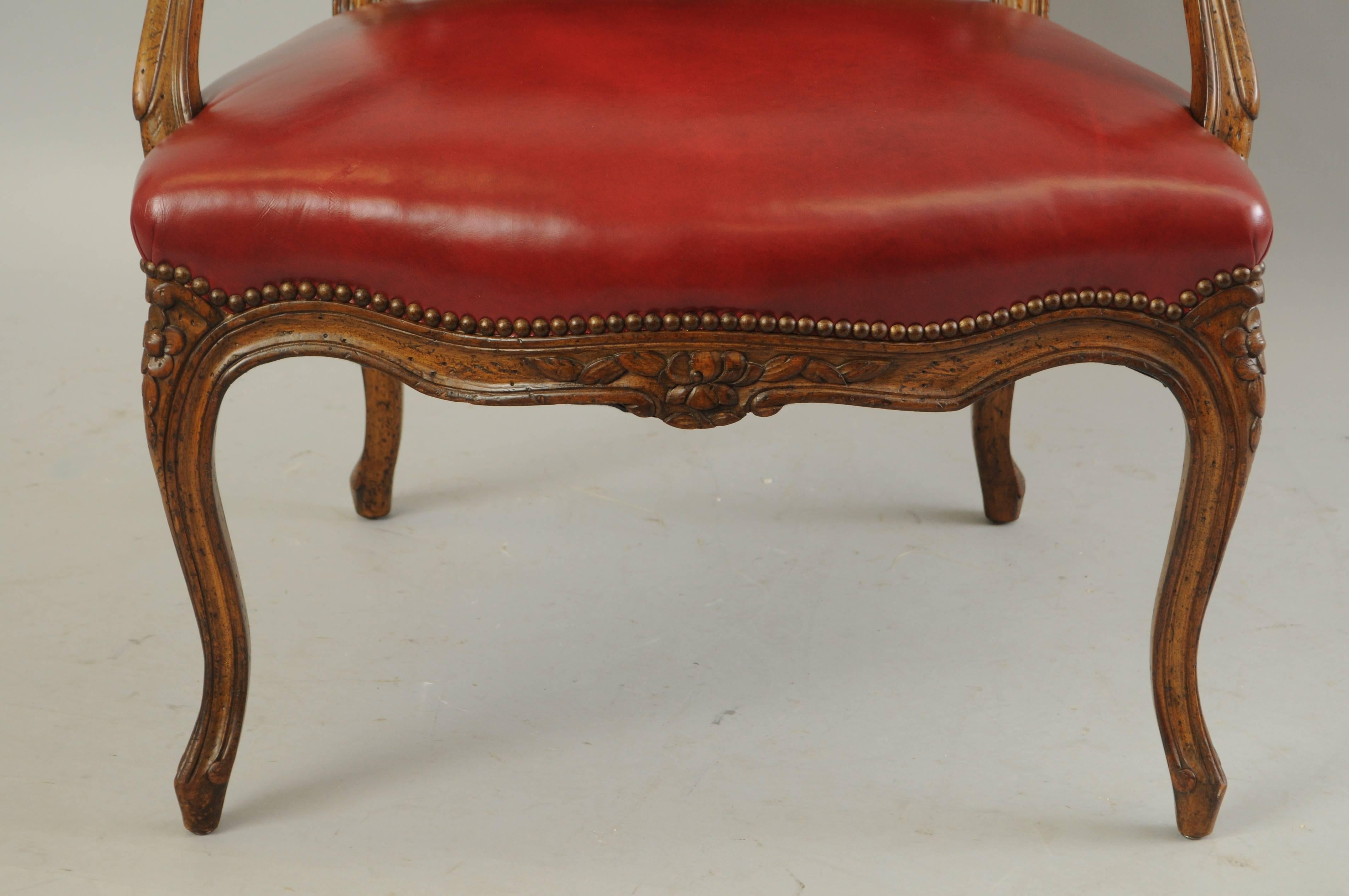 20th Century Vintage Auffray & Co French Country Louis XV Style Armchair Walnut & Red Leather