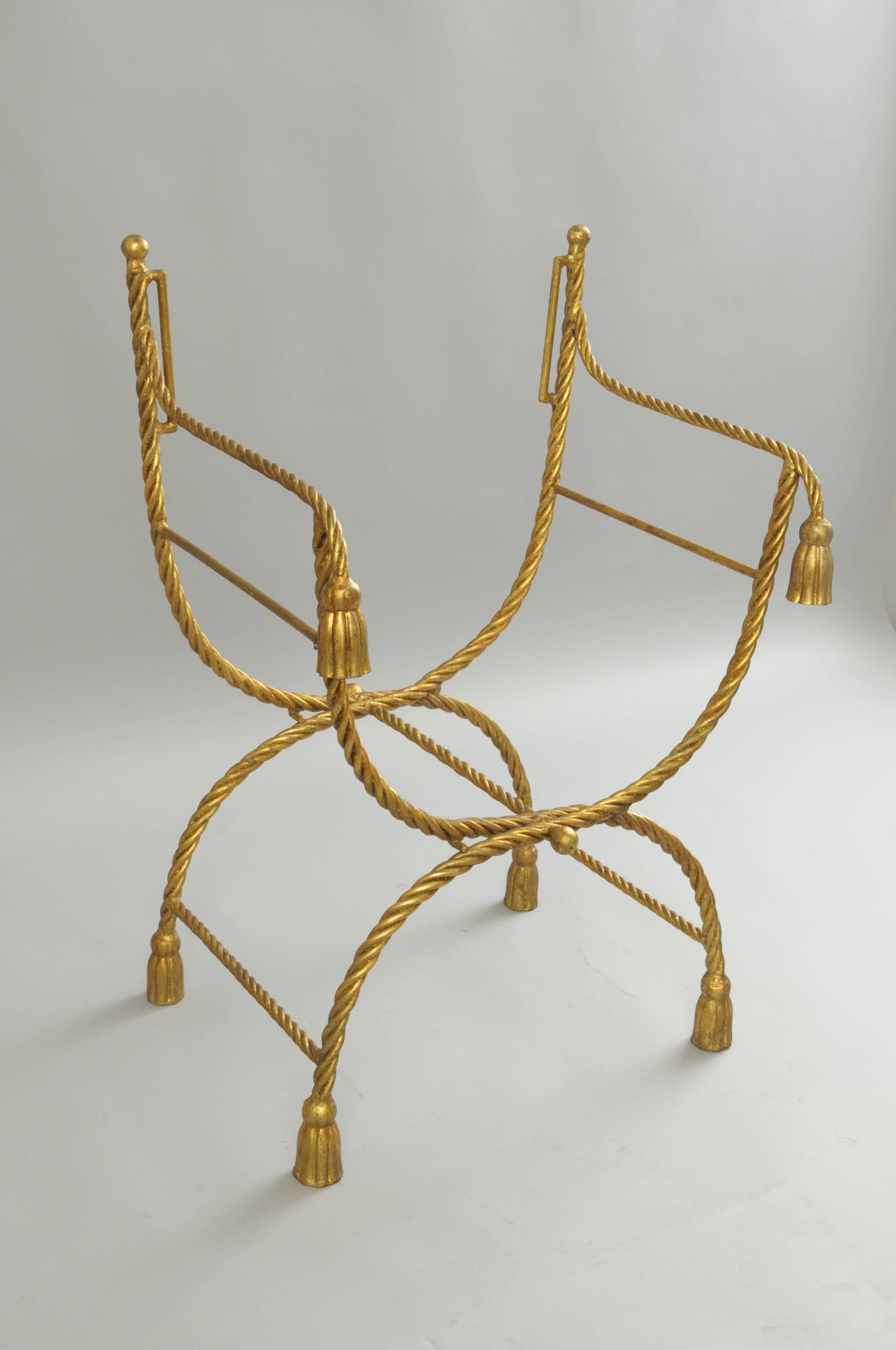 Italian Gold Gilt Iron Rope and Tassel Savonarola Directors Style Lounge Chair 5