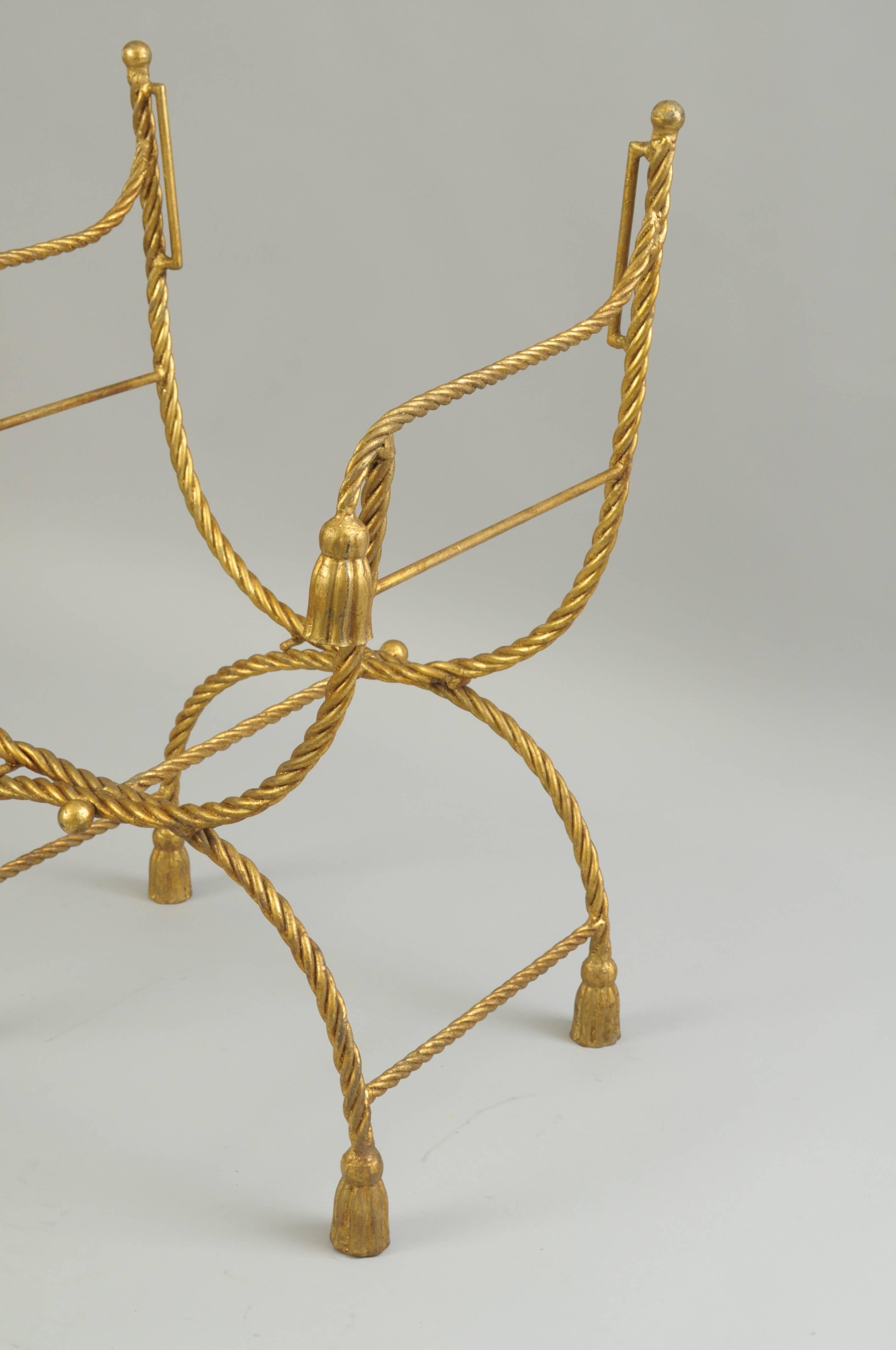 Italian Gold Gilt Iron Rope and Tassel Savonarola Directors Style Lounge Chair 4