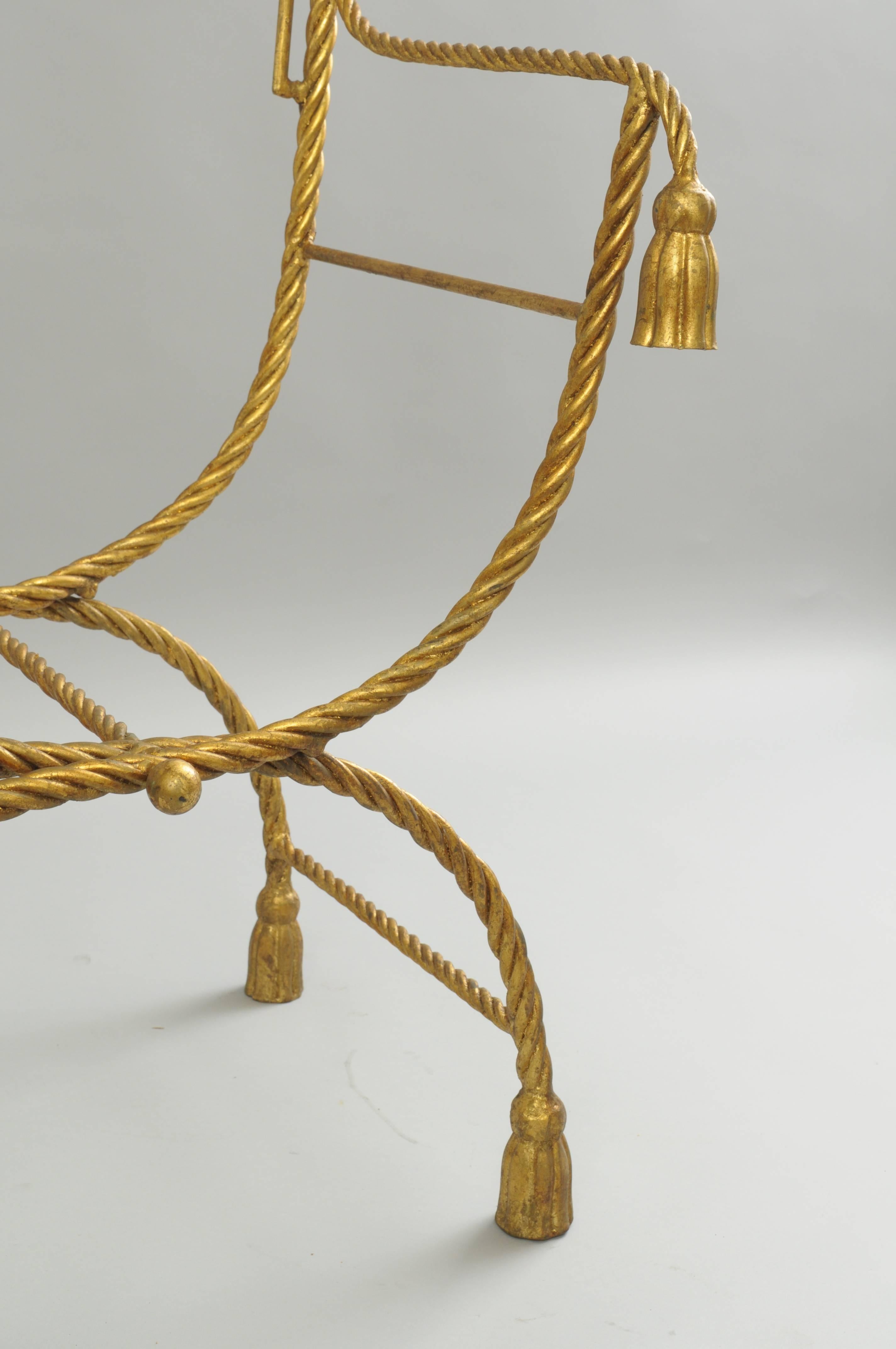 Hollywood Regency Italian Gold Gilt Iron Rope and Tassel Savonarola Directors Style Lounge Chair