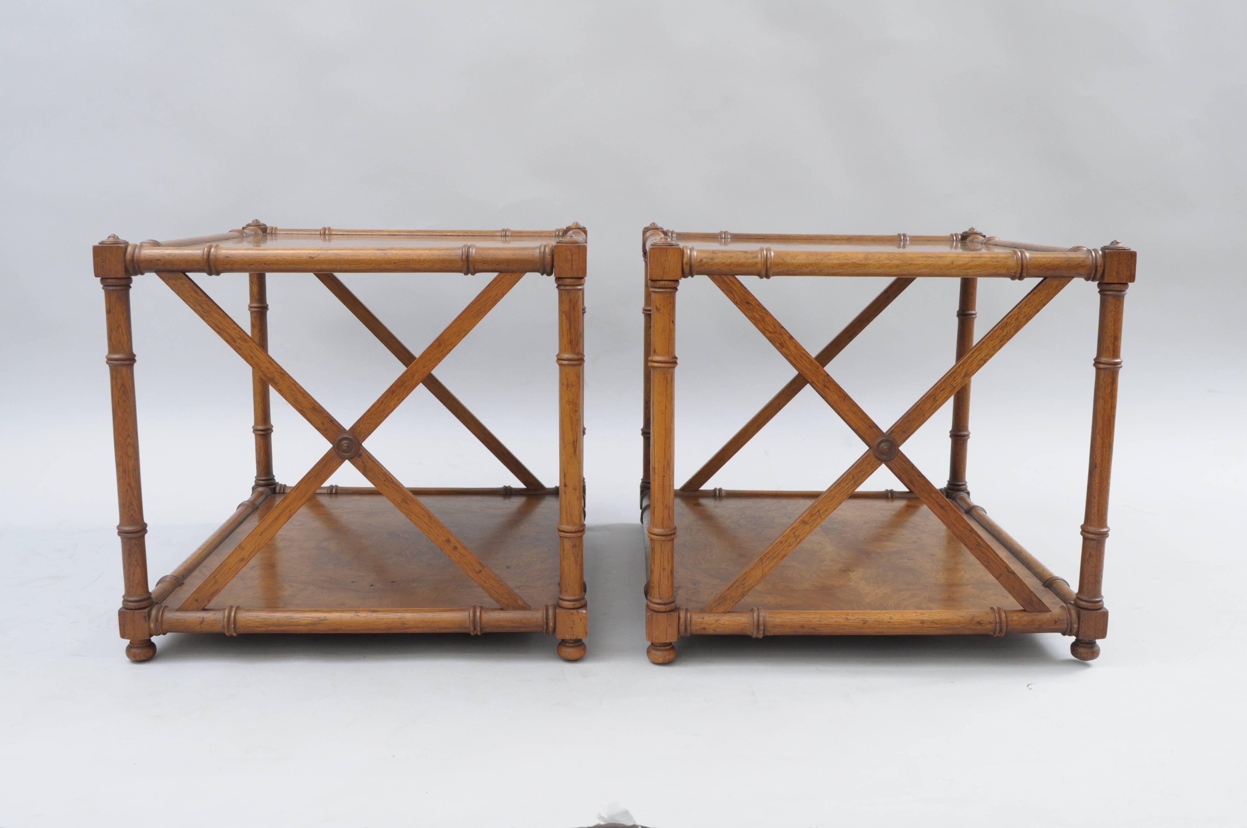 Chinese Chippendale Pair of Burl Wood Faux Bamboo Low End Tables Drexel Heritage Grand Tour