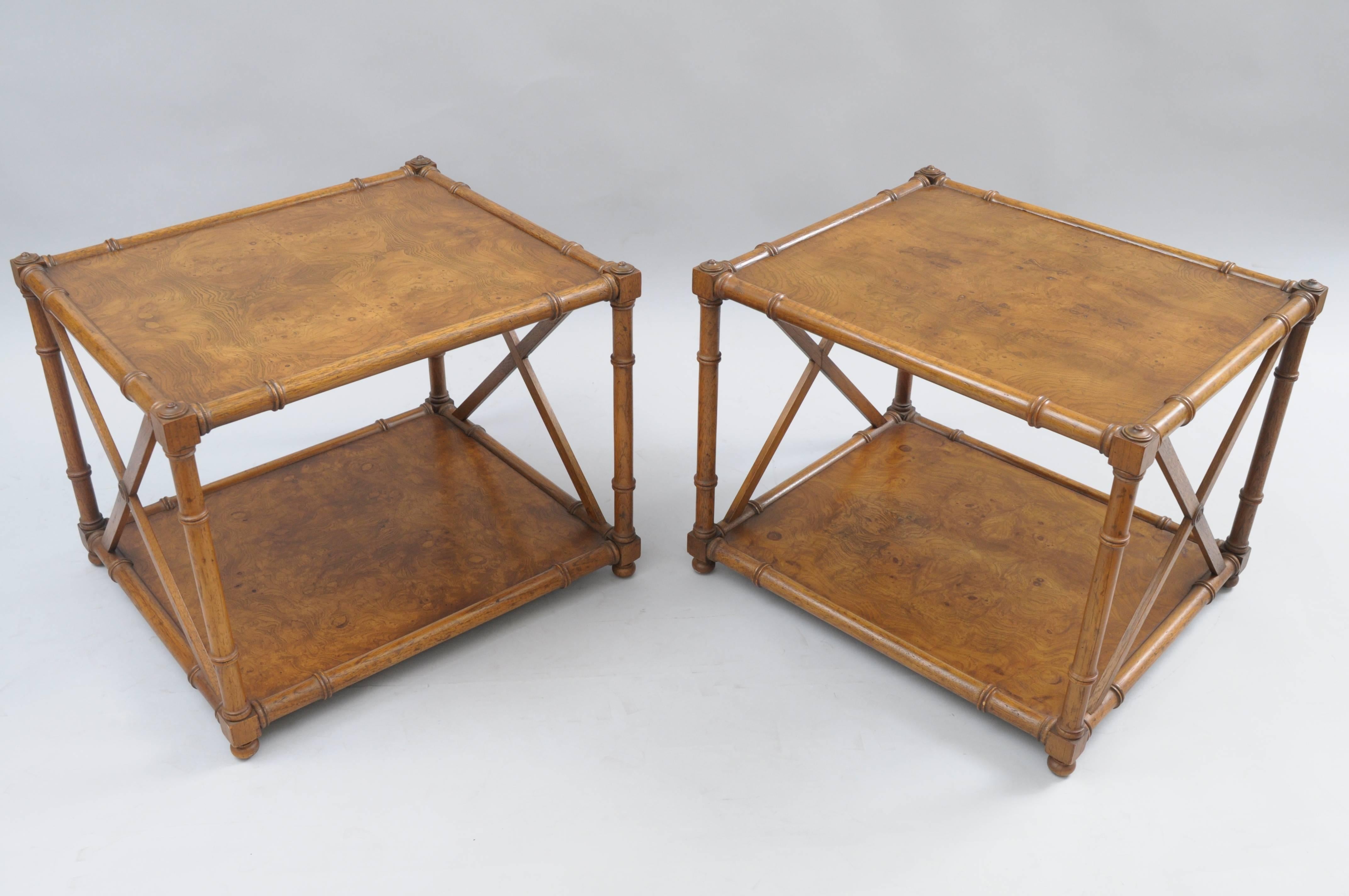 Pair of Burl Wood Faux Bamboo Low End Tables Drexel Heritage Grand Tour 2