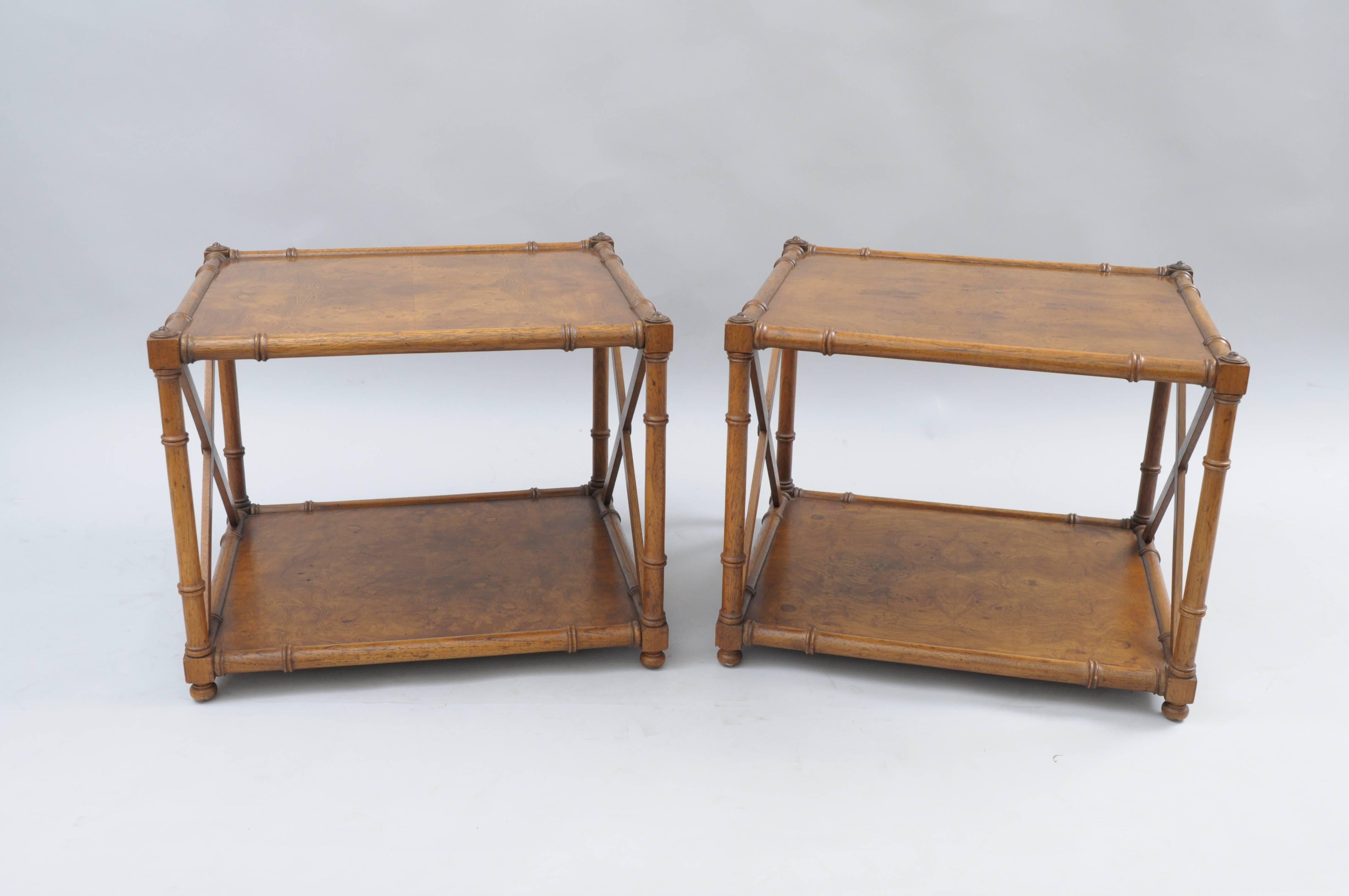 Pair of vintage Hollywood Regency / Chinese Chippendale style faux bamboo burl wood end or side tables by Drexel Heritage 
