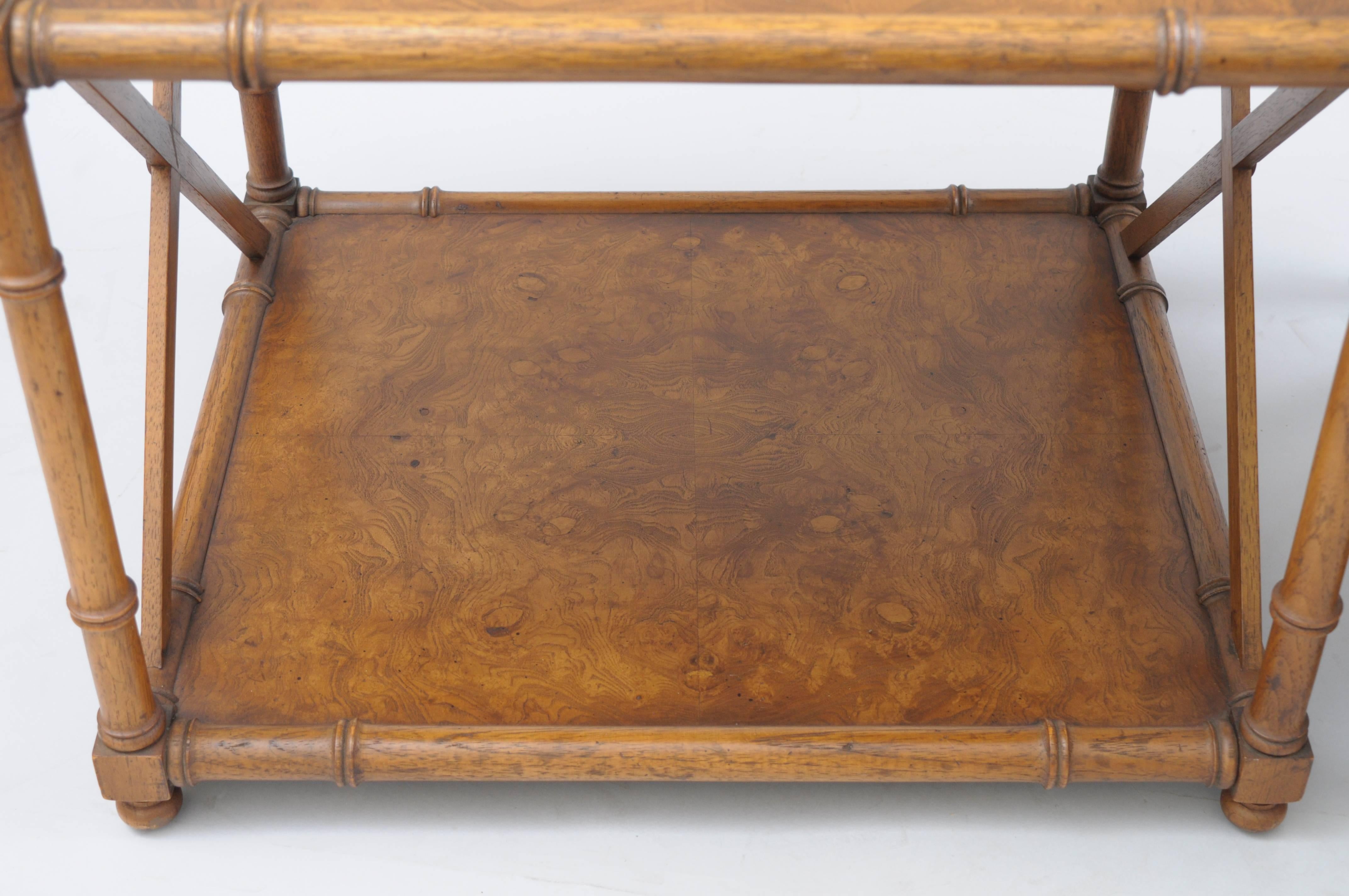 Pair of Burl Wood Faux Bamboo Low End Tables Drexel Heritage Grand Tour In Excellent Condition In Philadelphia, PA