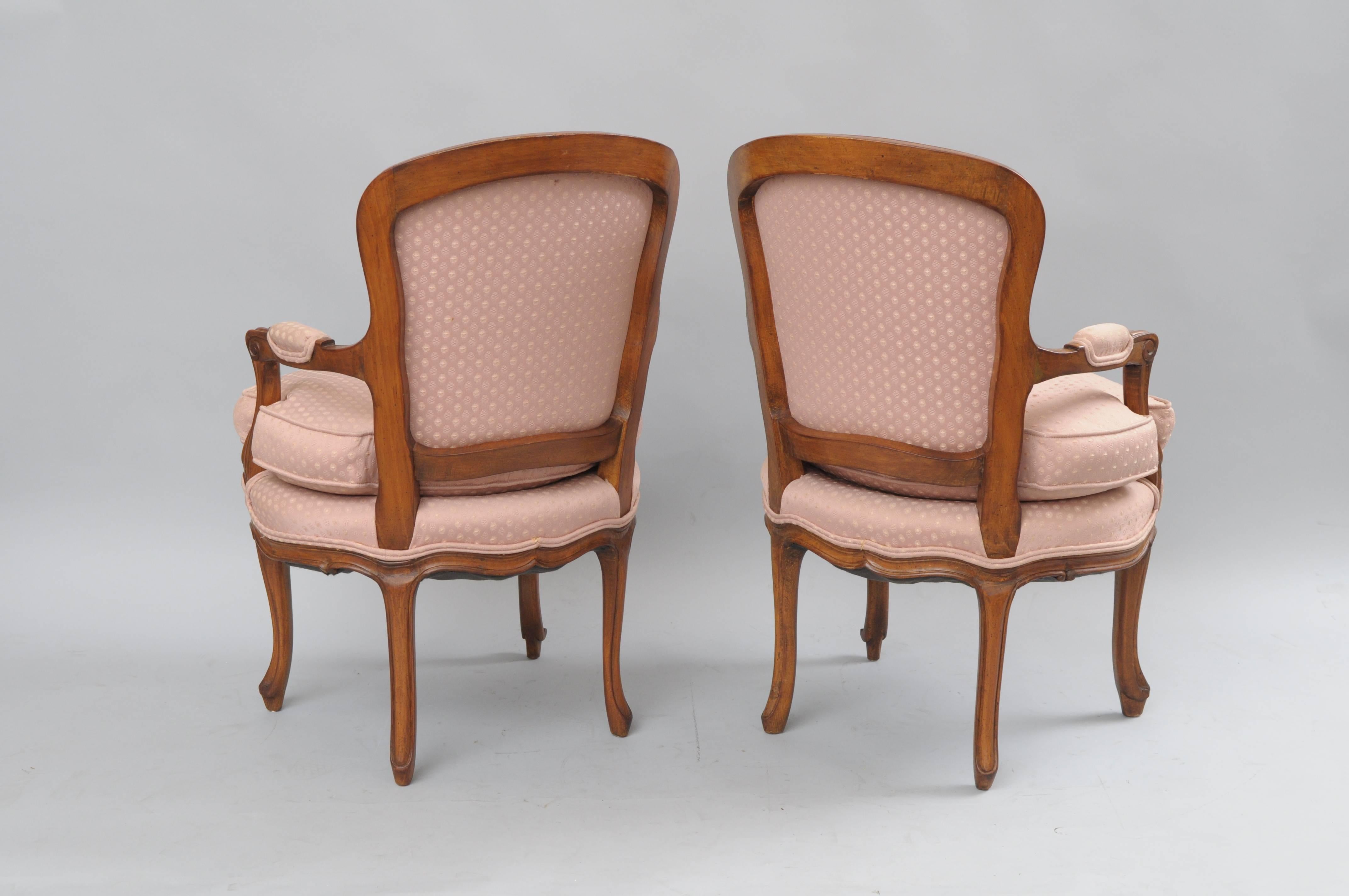  Pair of Country French Provincial Louis XV Style Arm Chairs Pink Carved Walnut 1