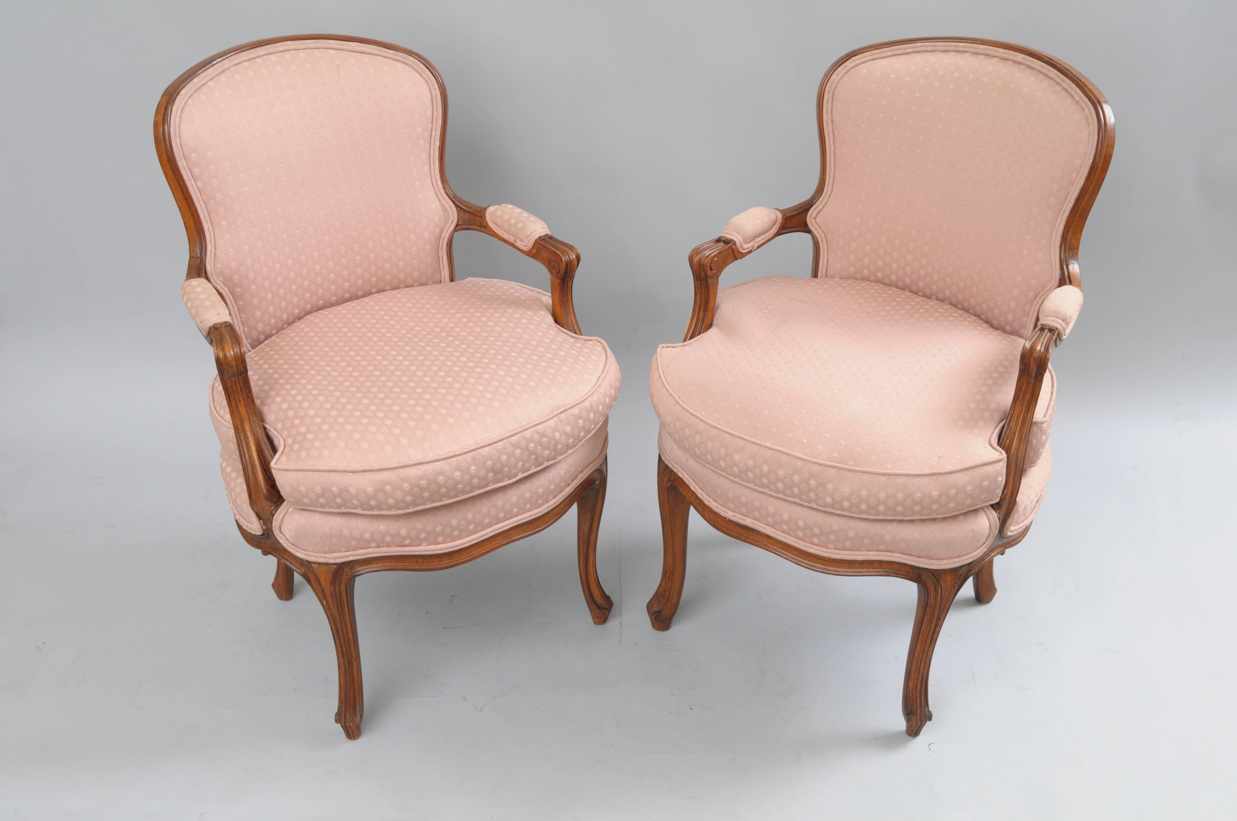  Pair of Country French Provincial Louis XV Style Arm Chairs Pink Carved Walnut In Good Condition In Philadelphia, PA