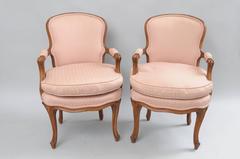 Pair of Country French Provincial Louis XV Style Arm Chairs Pink Carved Walnut