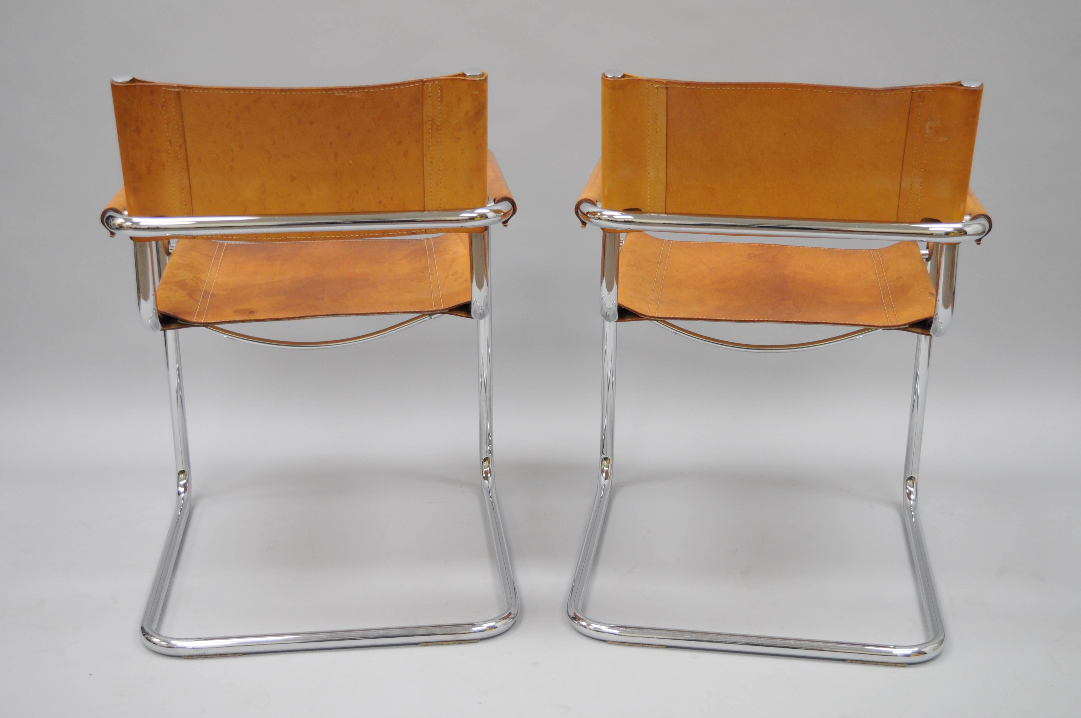 Late 20th Century Pair of Cognac Leather Mart Stam for Fasem S34 Dining Armchairs Tubular Chrome