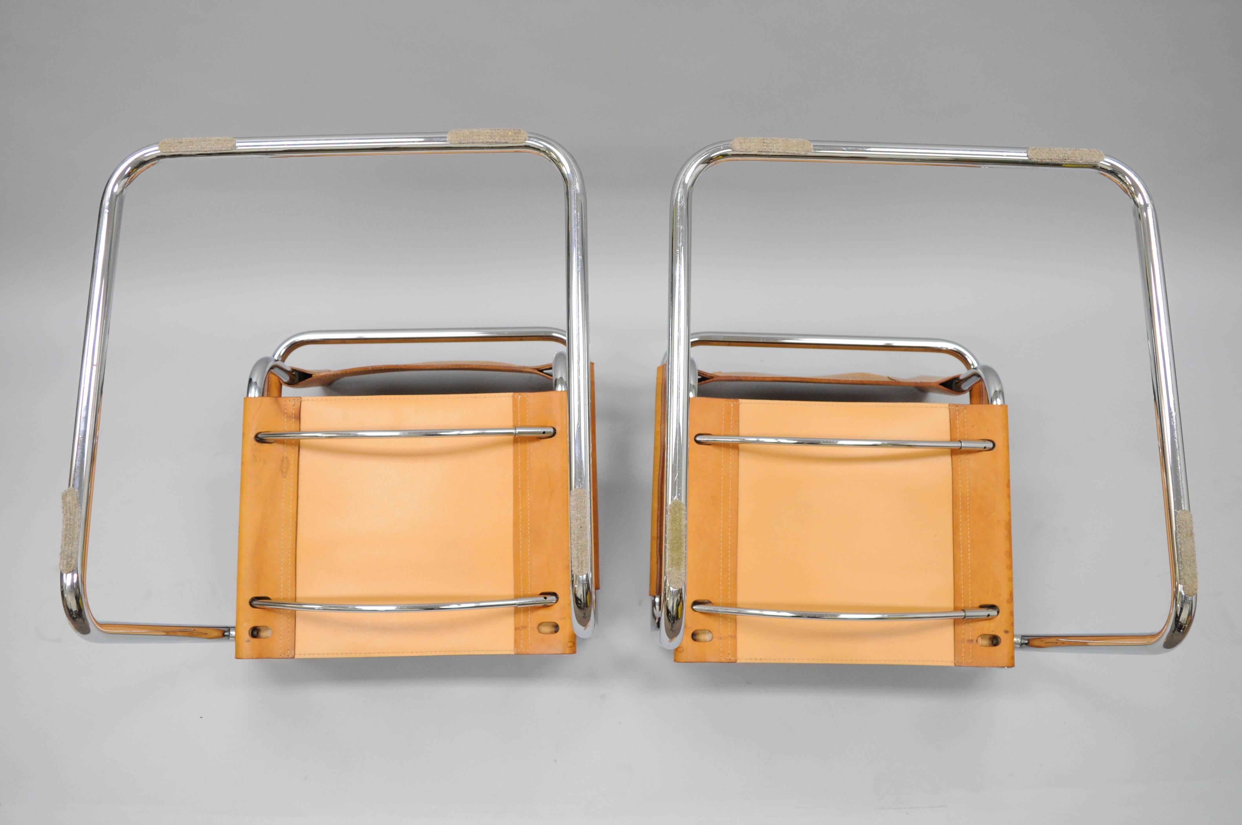 Pair of Cognac Leather Mart Stam for Fasem S34 Dining Armchairs Tubular Chrome In Good Condition In Philadelphia, PA