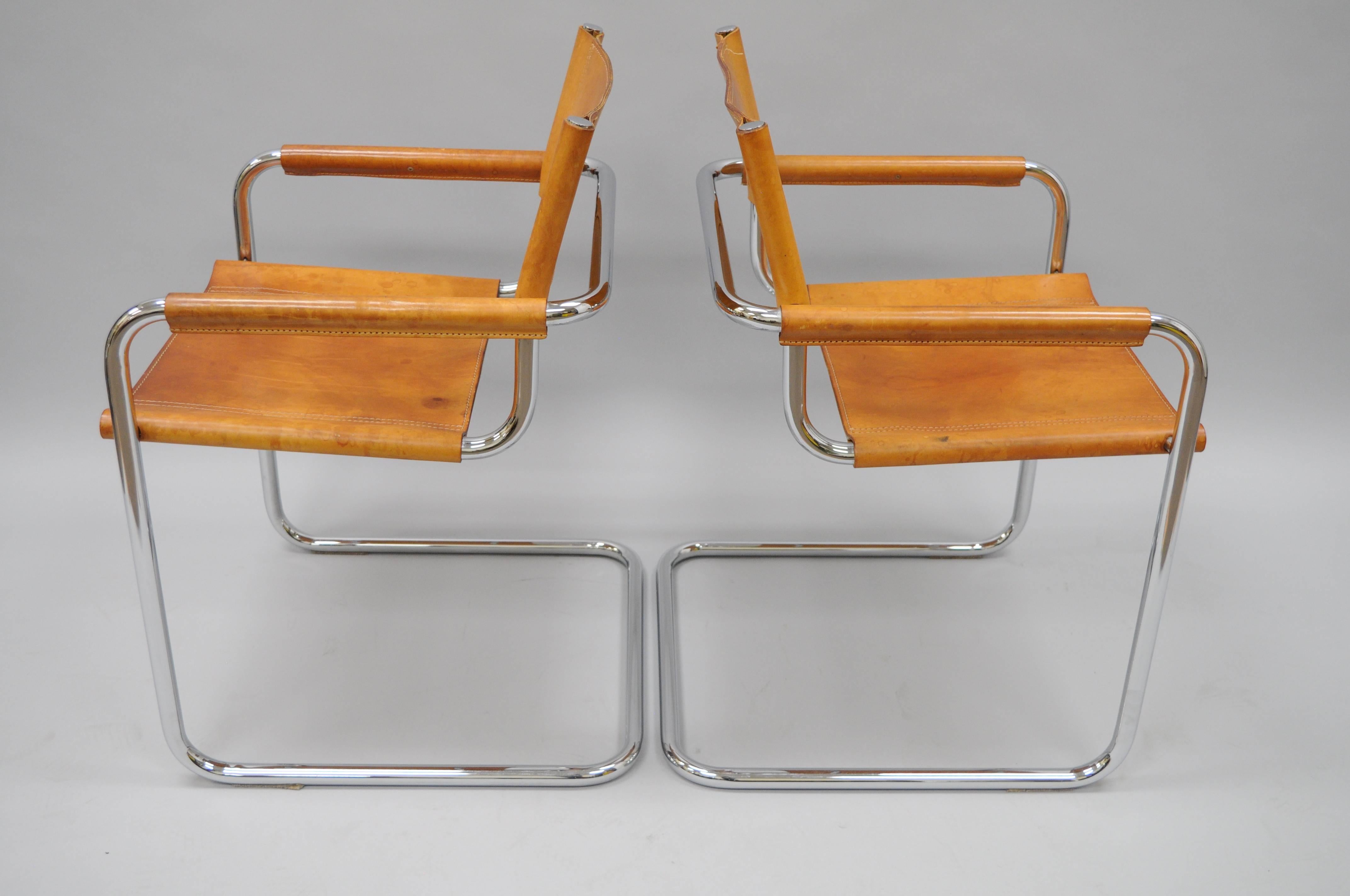 Pair of Cognac Leather Mart Stam for Fasem S34 Dining Armchairs Tubular Chrome 1