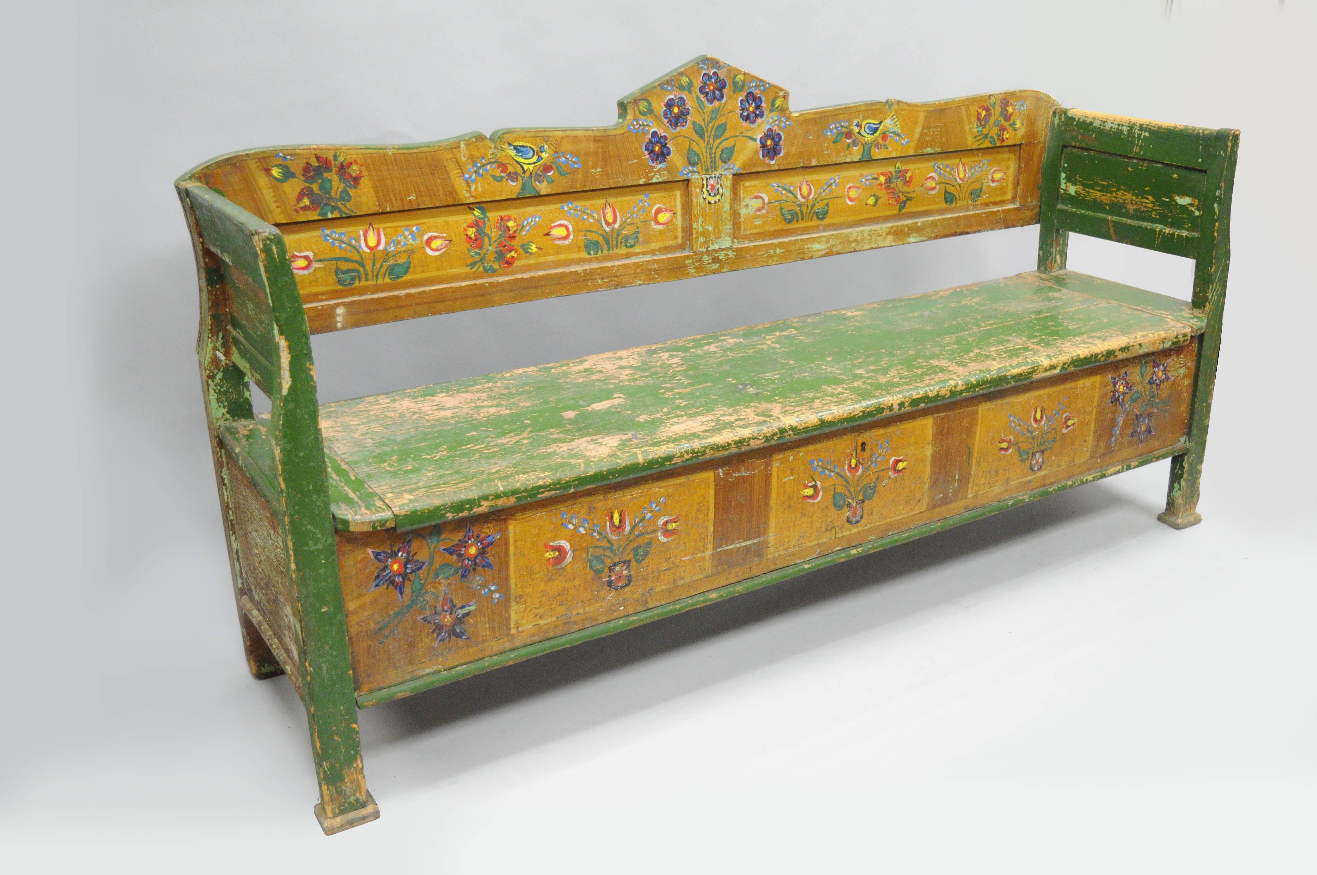 Hand-Painted Distressed Painted Green Yellow Bird & Flower Primitive Long Bench Flip Seat