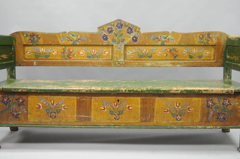Distressed Painted Green Yellow Bird and Flower Primitive Long Bench ...