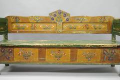 Distressed Painted Green Yellow Bird & Flower Primitive Long Bench Flip Seat