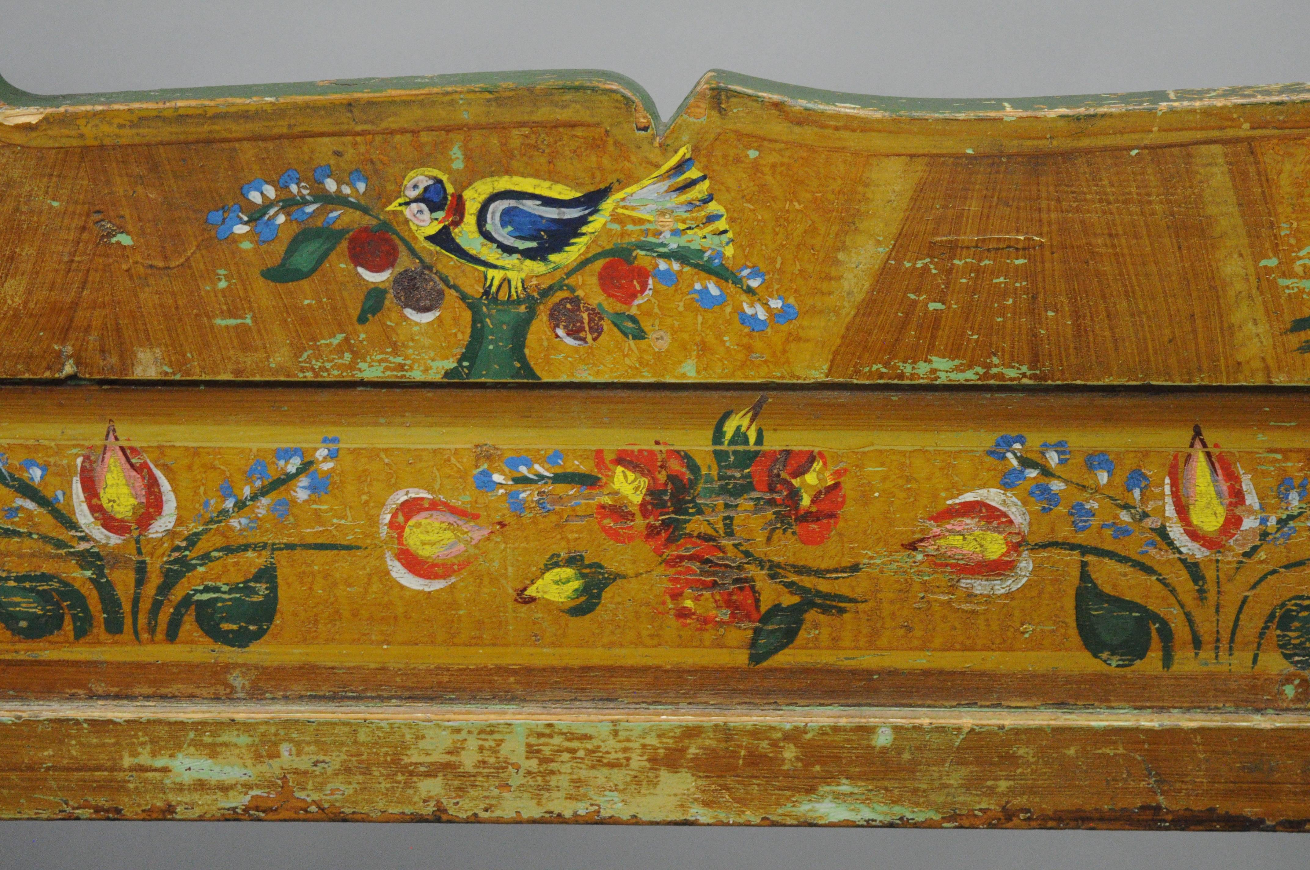19th Century Distressed Painted Green Yellow Bird & Flower Primitive Long Bench Flip Seat