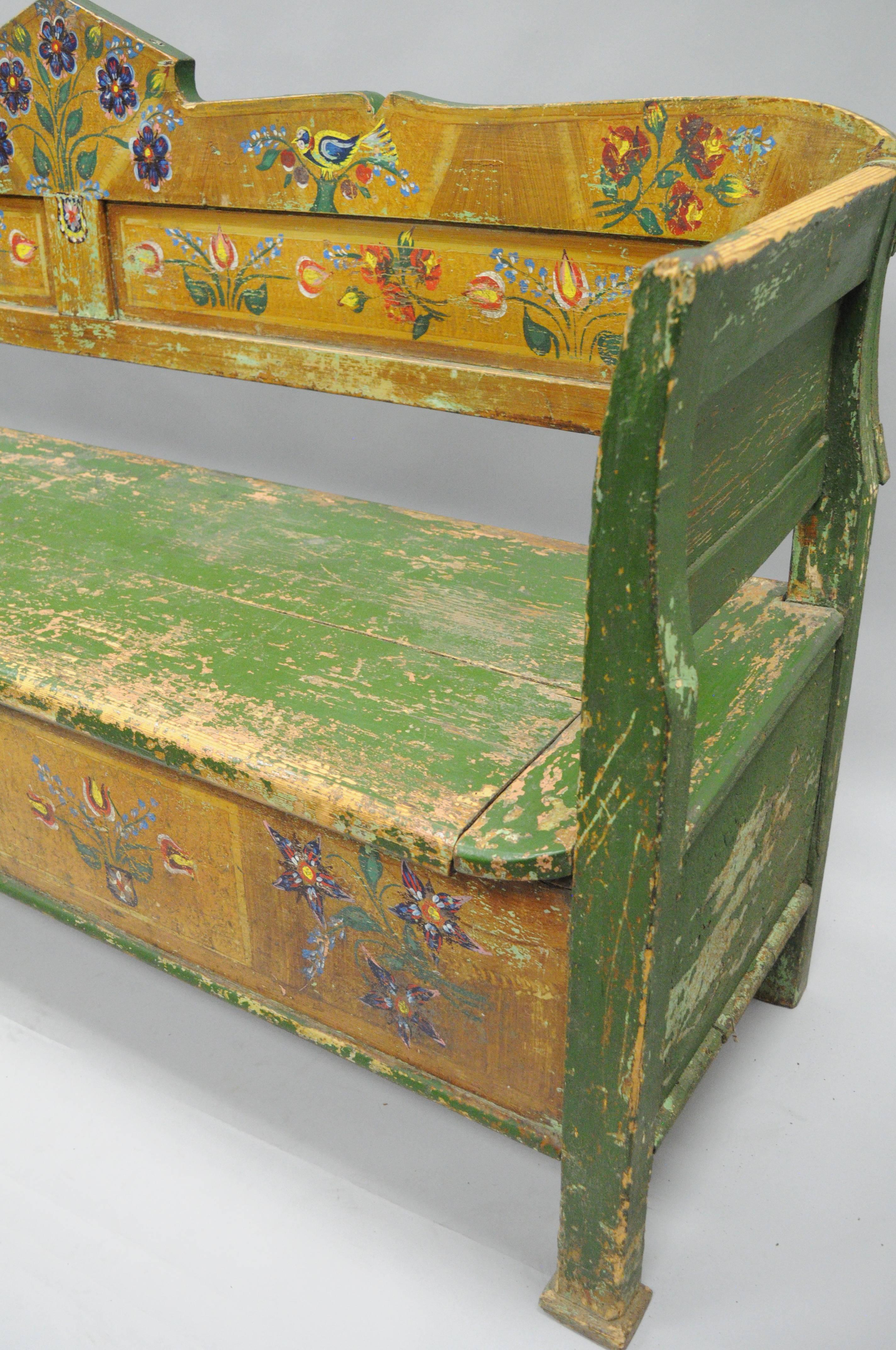 Distressed Painted Green Yellow Bird & Flower Primitive Long Bench Flip Seat 1