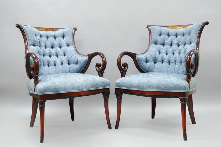 Pair Grosfeld House Mahogany Rosewood Brass Inlay Hollywood Regency Arm Chairs For Sale 3