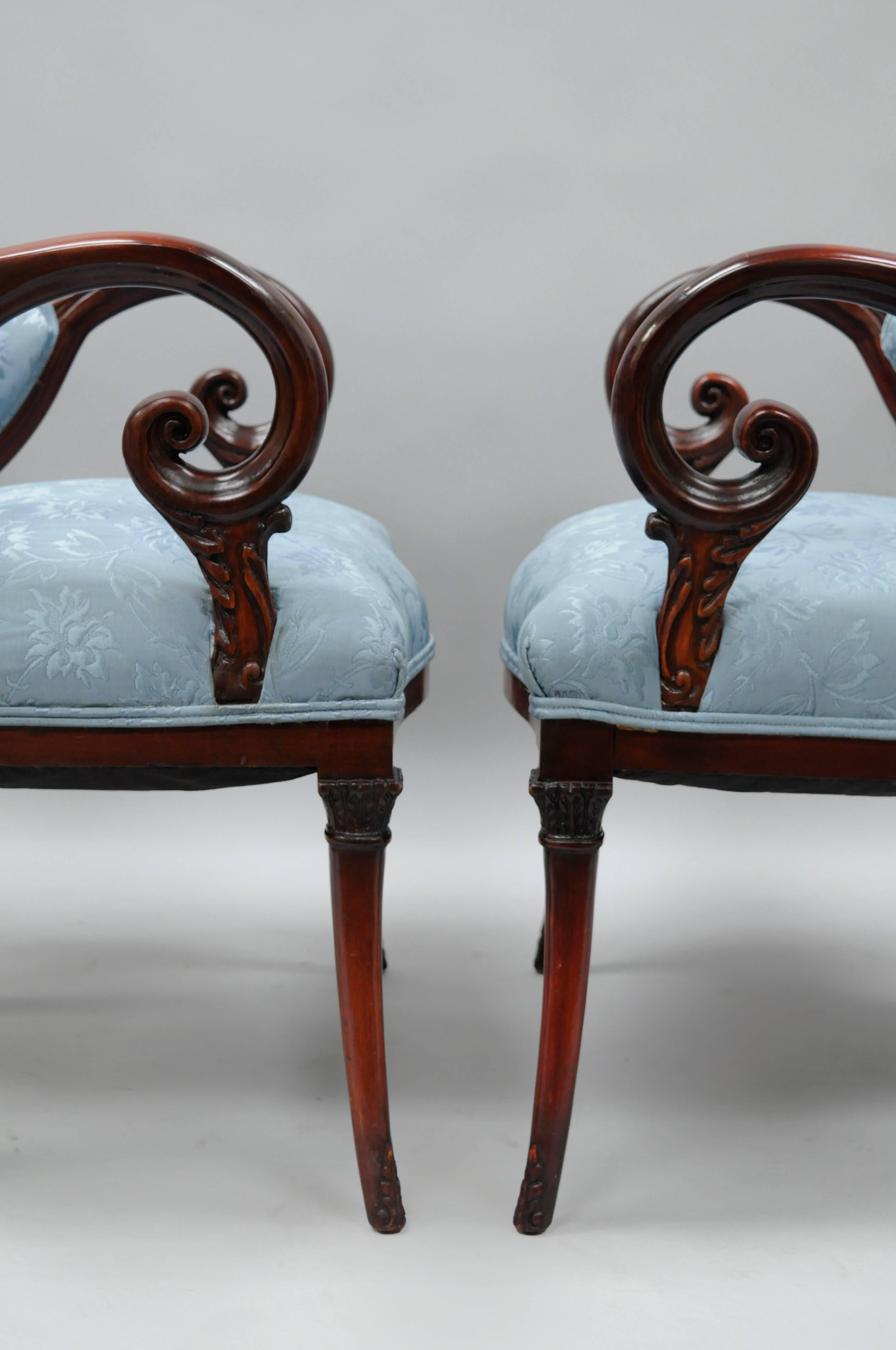 20th Century Pair Grosfeld House Mahogany Rosewood Brass Inlay Hollywood Regency Arm Chairs For Sale