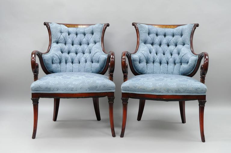 American Pair Grosfeld House Mahogany Rosewood Brass Inlay Hollywood Regency Arm Chairs For Sale