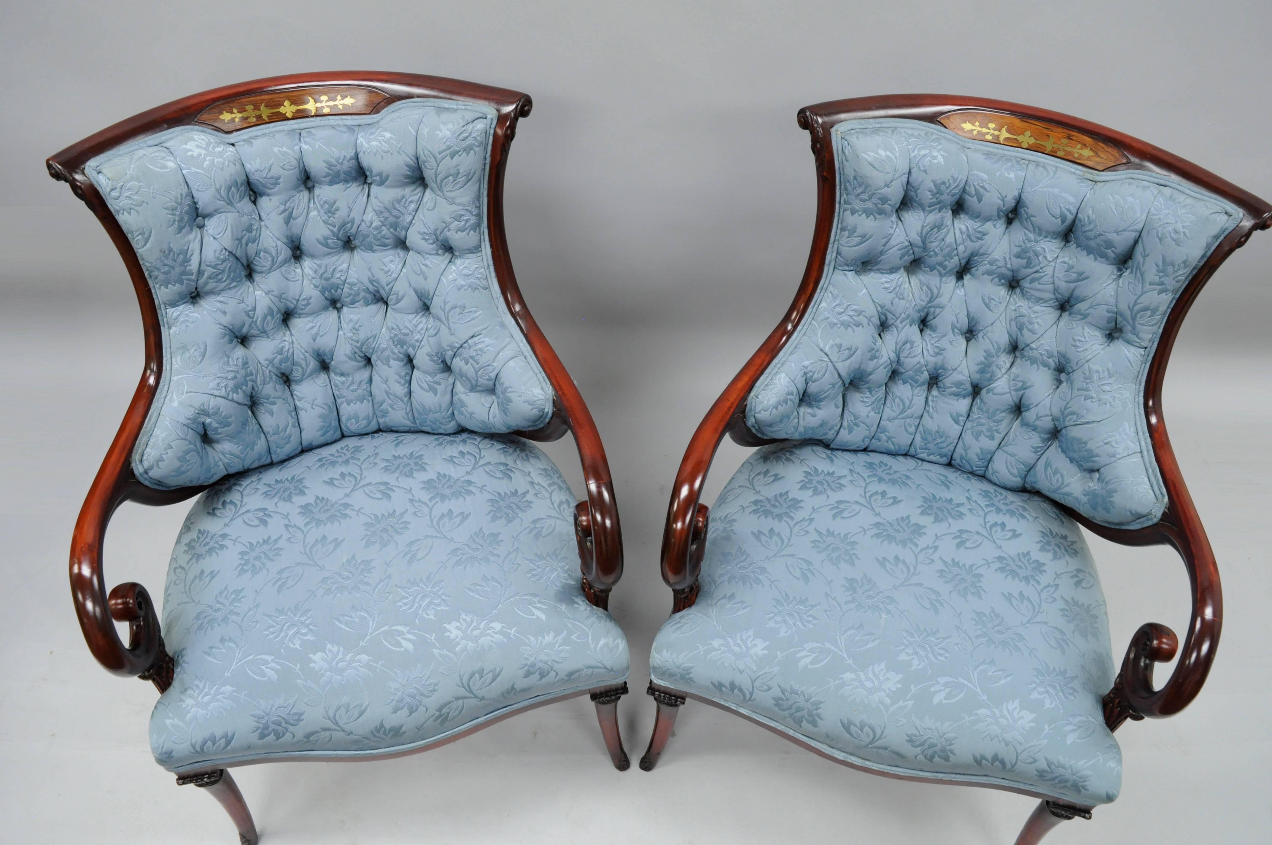 Pair Grosfeld House Mahogany Rosewood Brass Inlay Hollywood Regency Arm Chairs 1