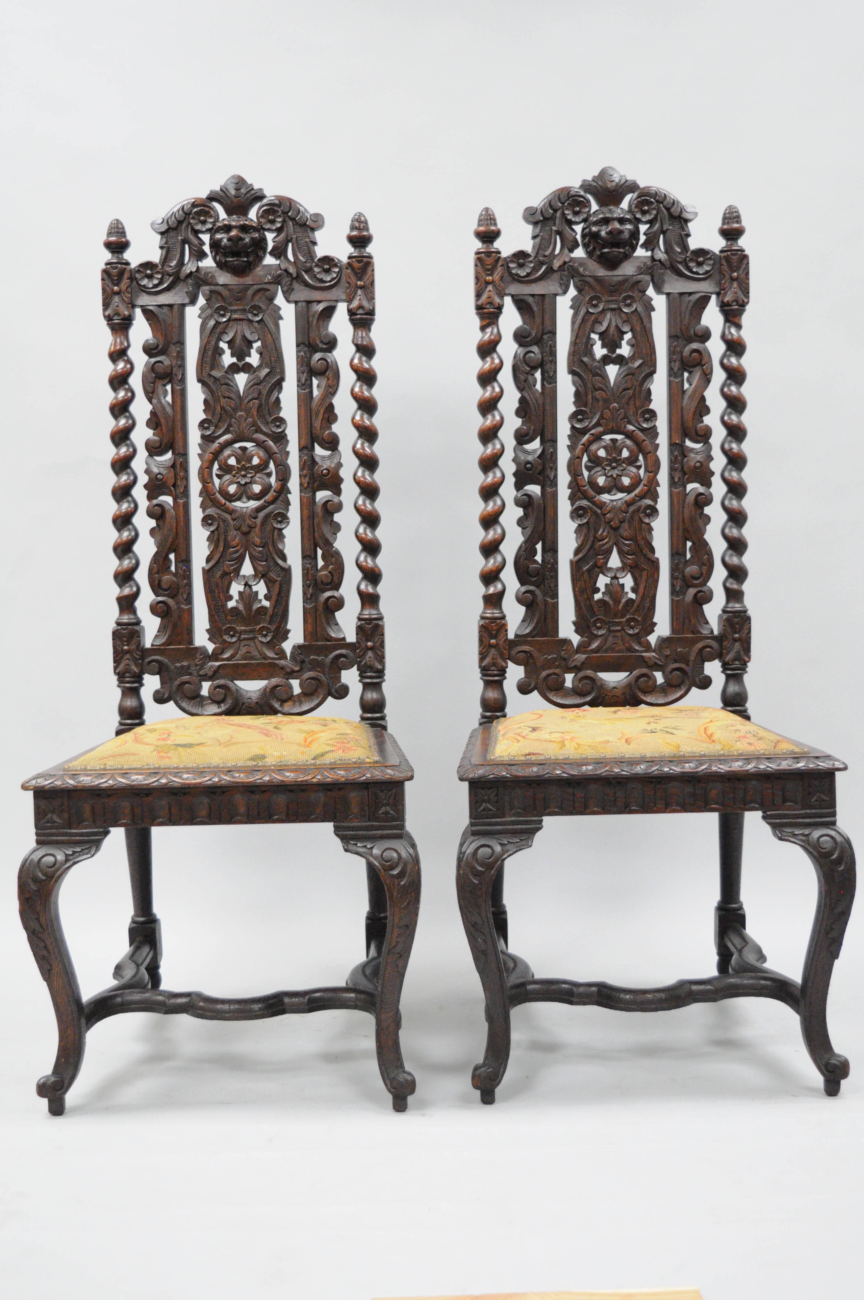 Upholstery Pair of Renaissance Revival Figural Lion, Barley Twist Tall Throne Chairs