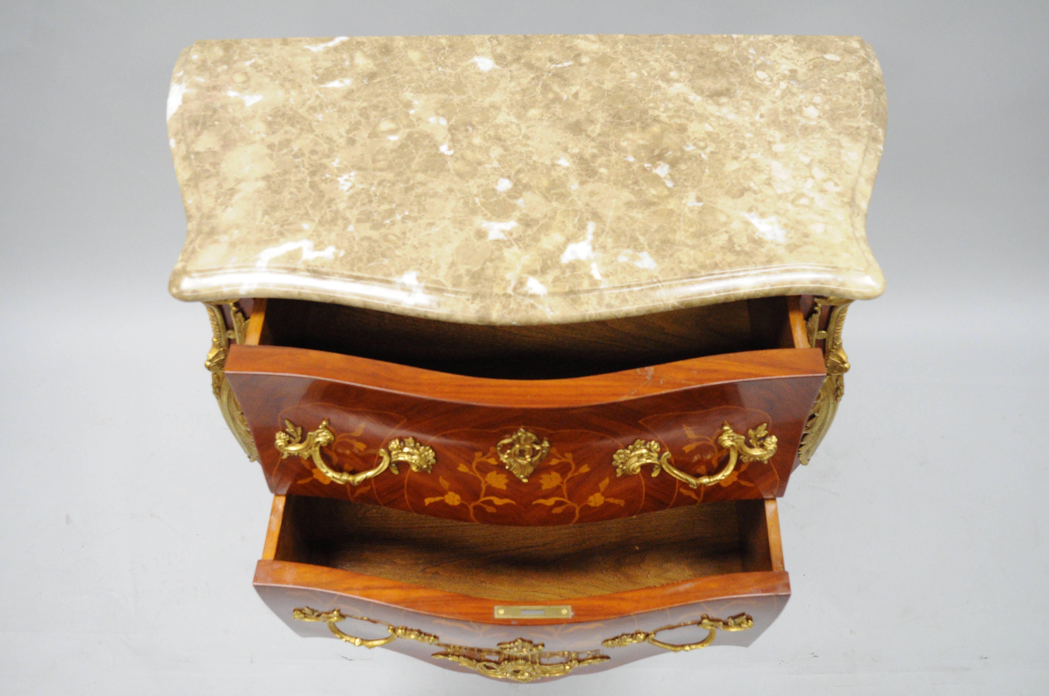 20th C French Louis XV Inlaid Marble Top Bombe Commode Bronze Ormolu 2