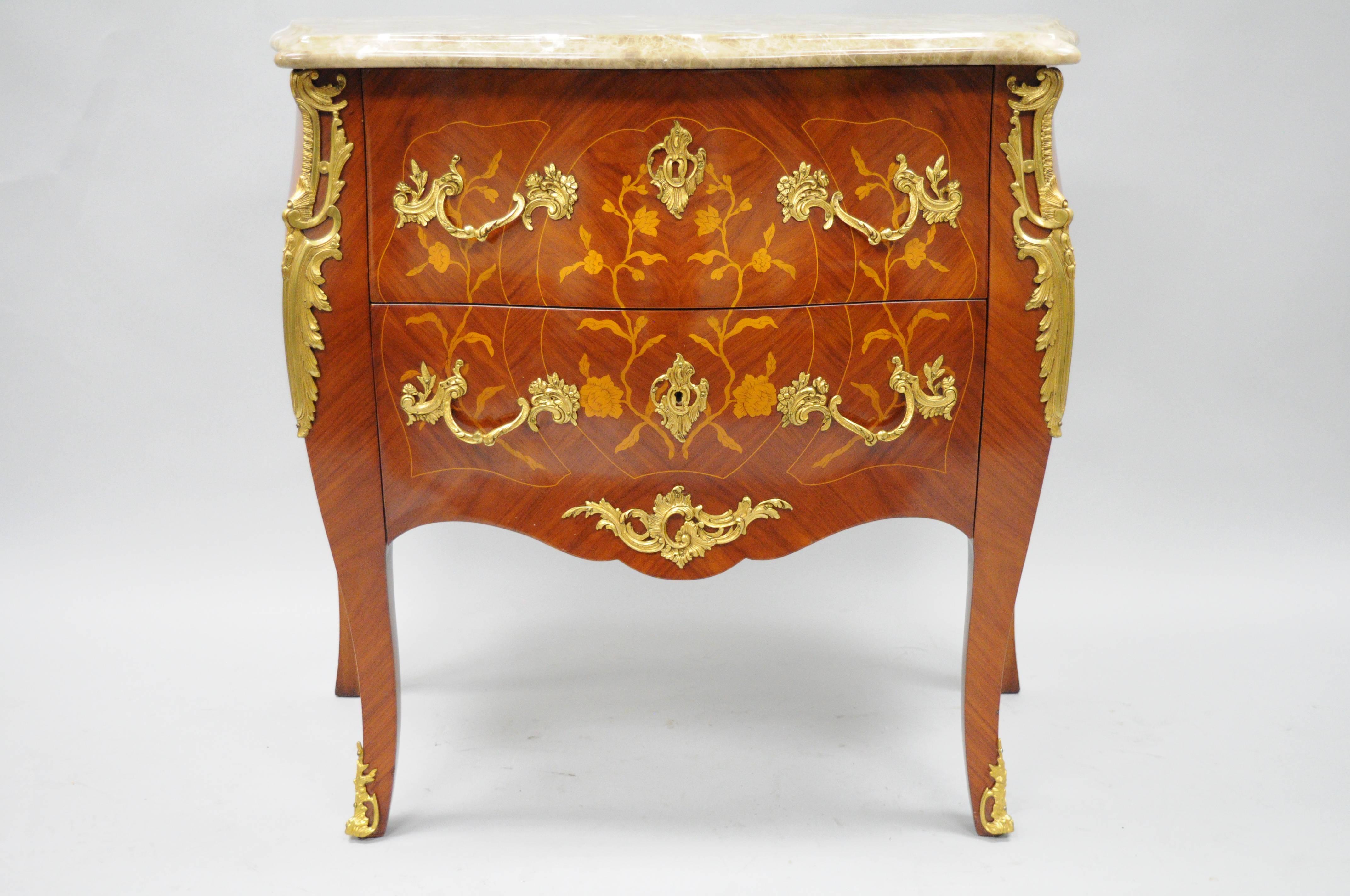 20th C French Louis XV Inlaid Marble Top Bombe Commode Bronze Ormolu 5