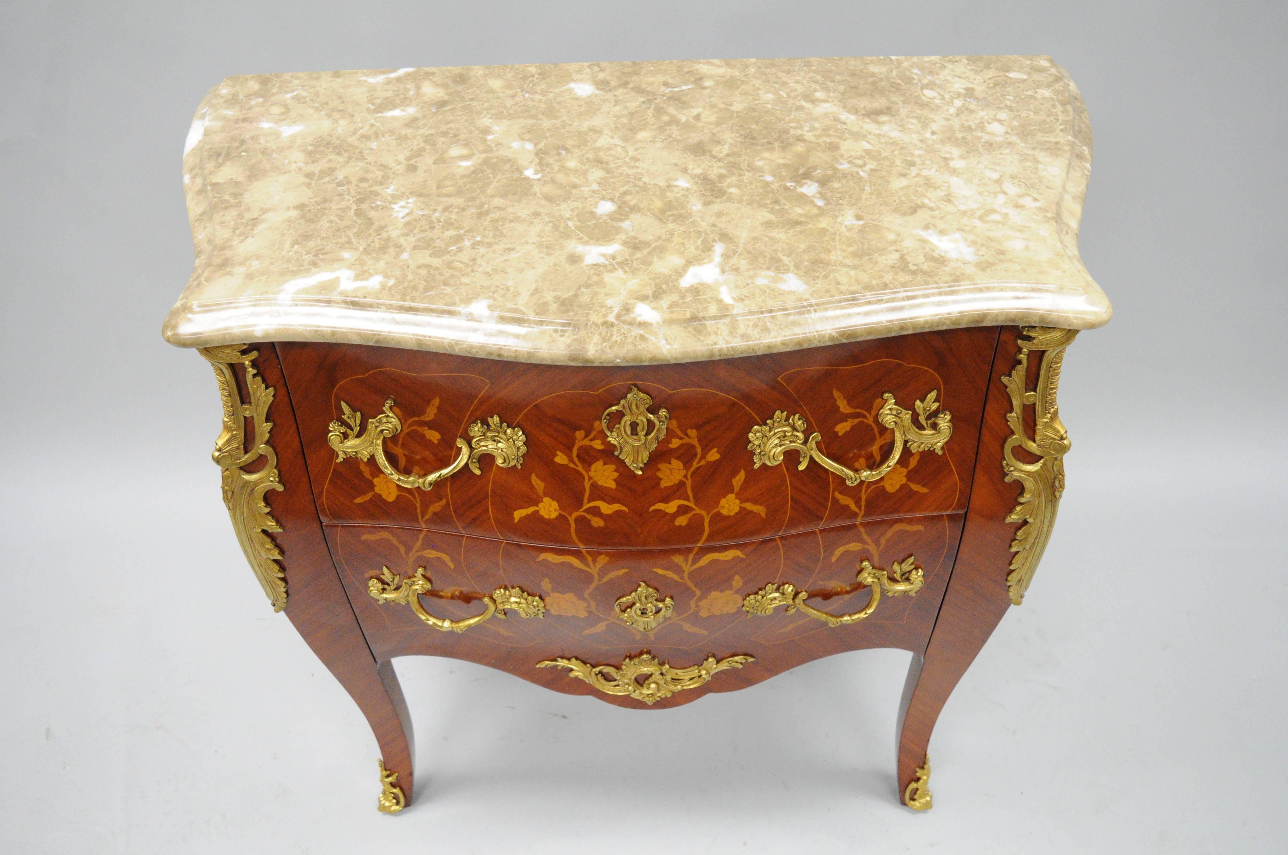 20th C French Louis XV Inlaid Marble Top Bombe Commode Bronze Ormolu In Good Condition In Philadelphia, PA
