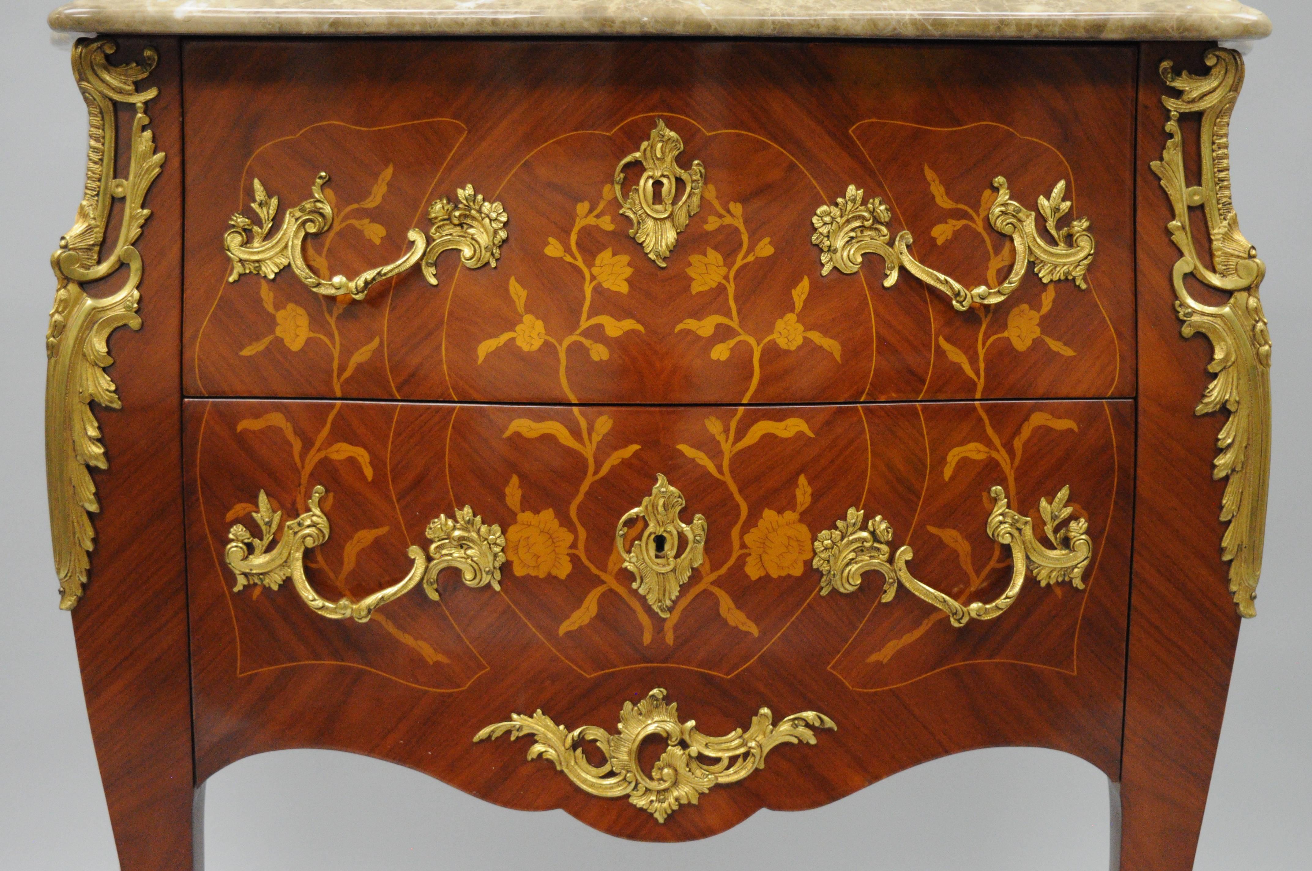 20th Century 20th C French Louis XV Inlaid Marble Top Bombe Commode Bronze Ormolu