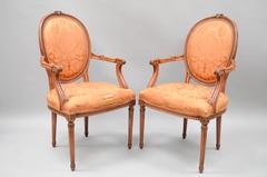Pair of French Louis XVI Style Pink Distress Painted Oval Back Dining Arm Chairs