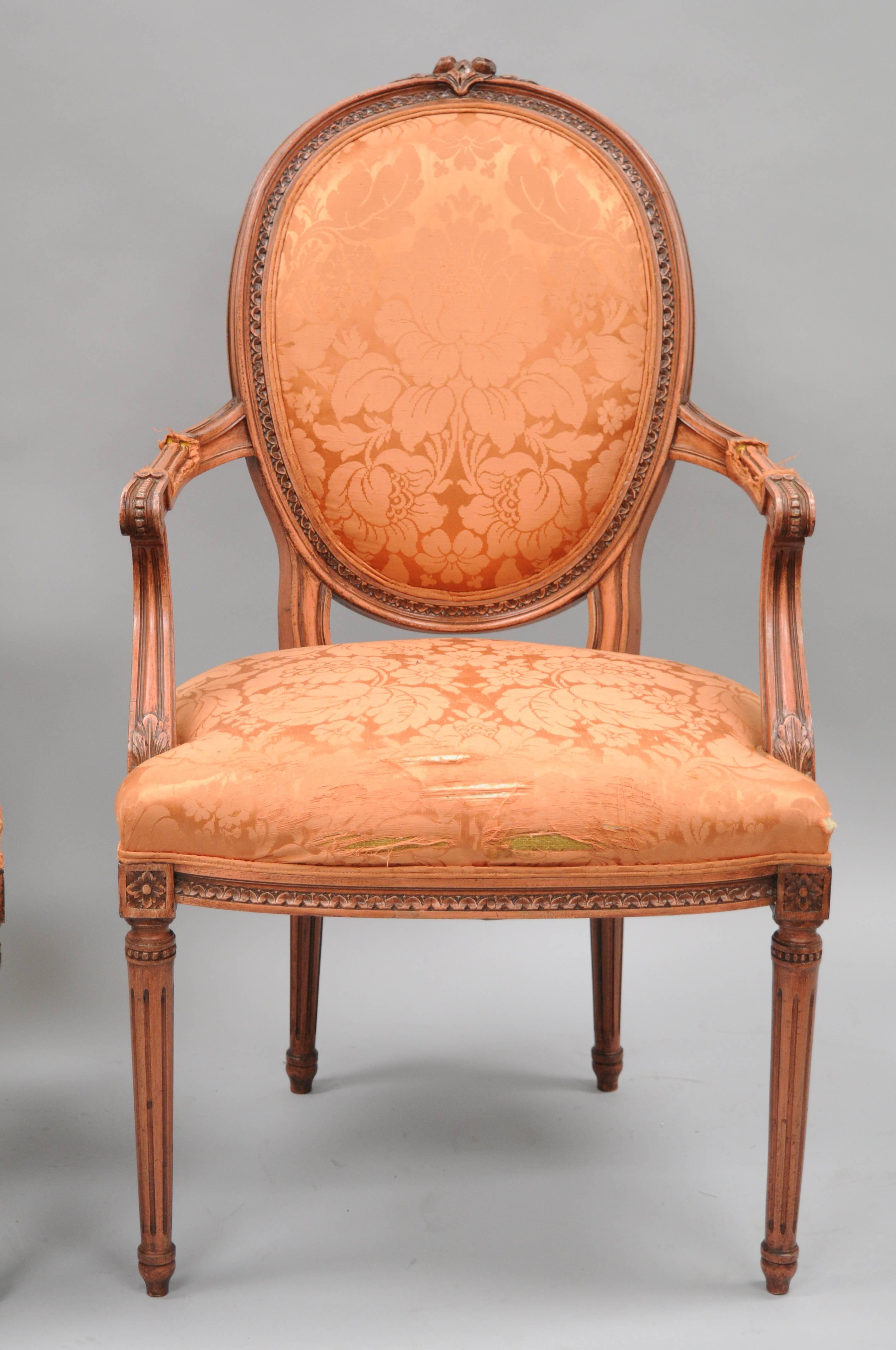 Pair of French Louis XVI Style Pink Distress Painted Oval Back Dining Arm Chairs For Sale 1