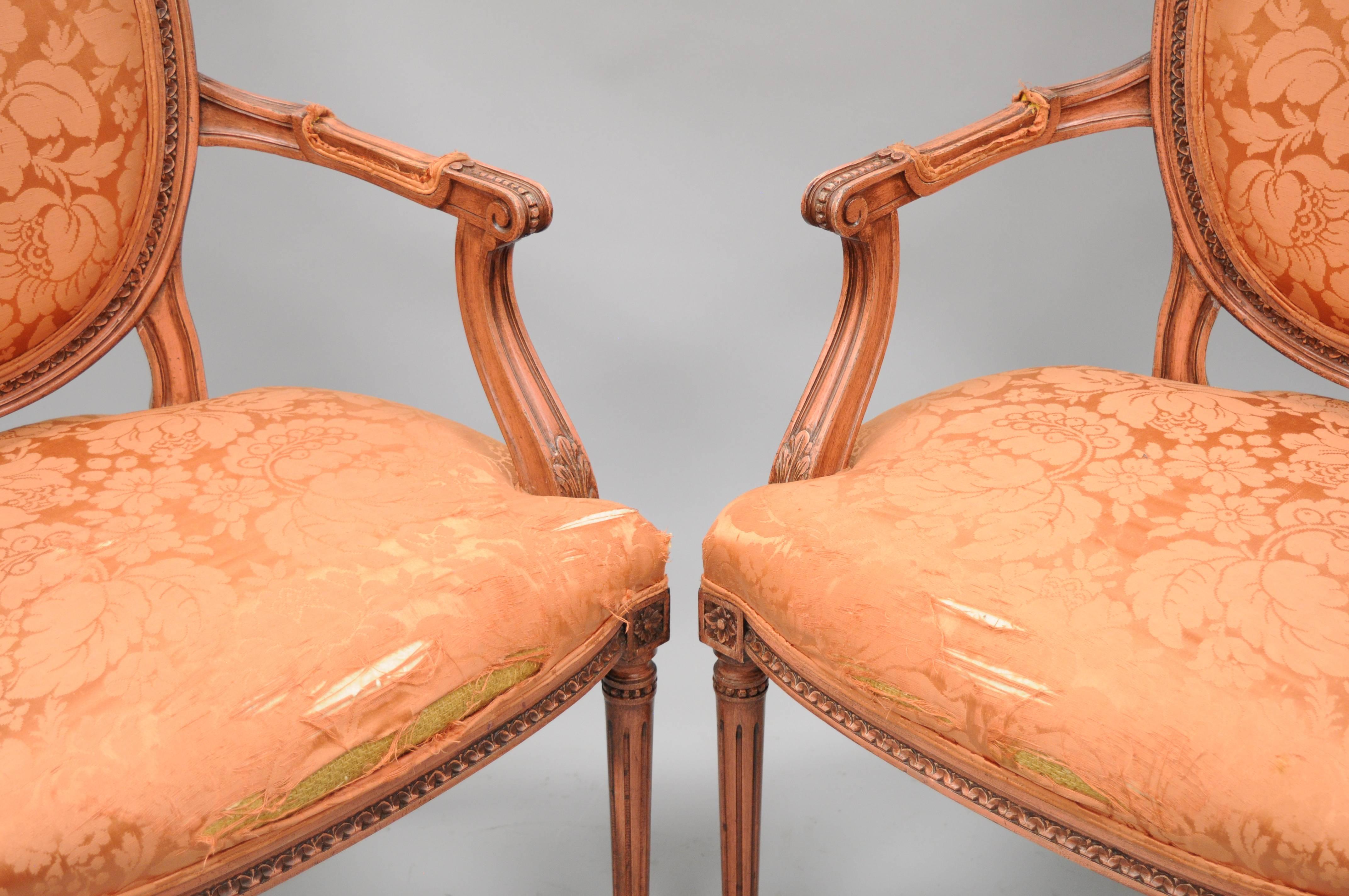 Carved Pair of French Louis XVI Style Pink Distress Painted Oval Back Dining Arm Chairs For Sale