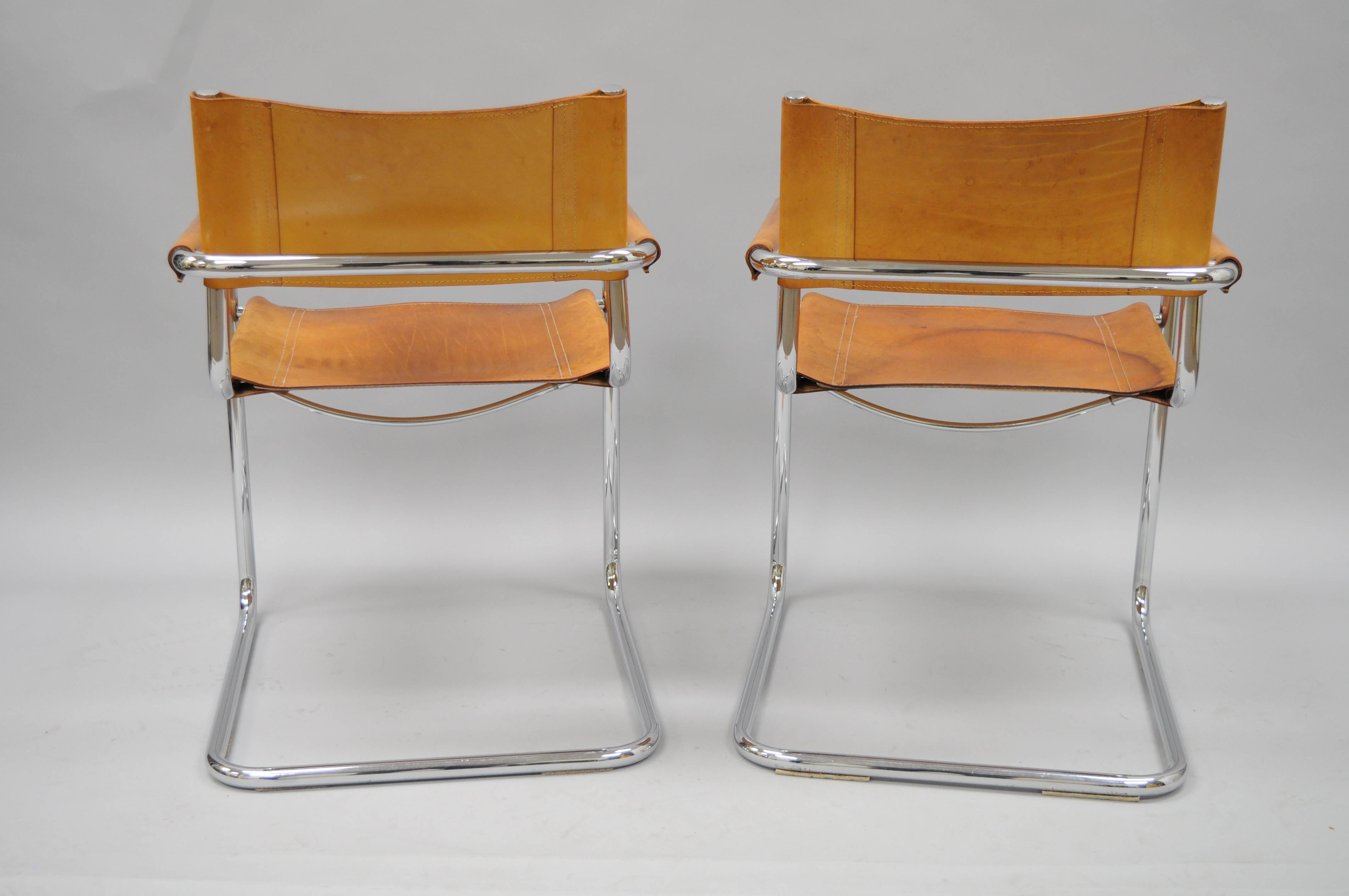 Late 20th Century Pair of Cognac Leather Mart Stam for Fasem S34 Dining Armchairs Tubular Chrome