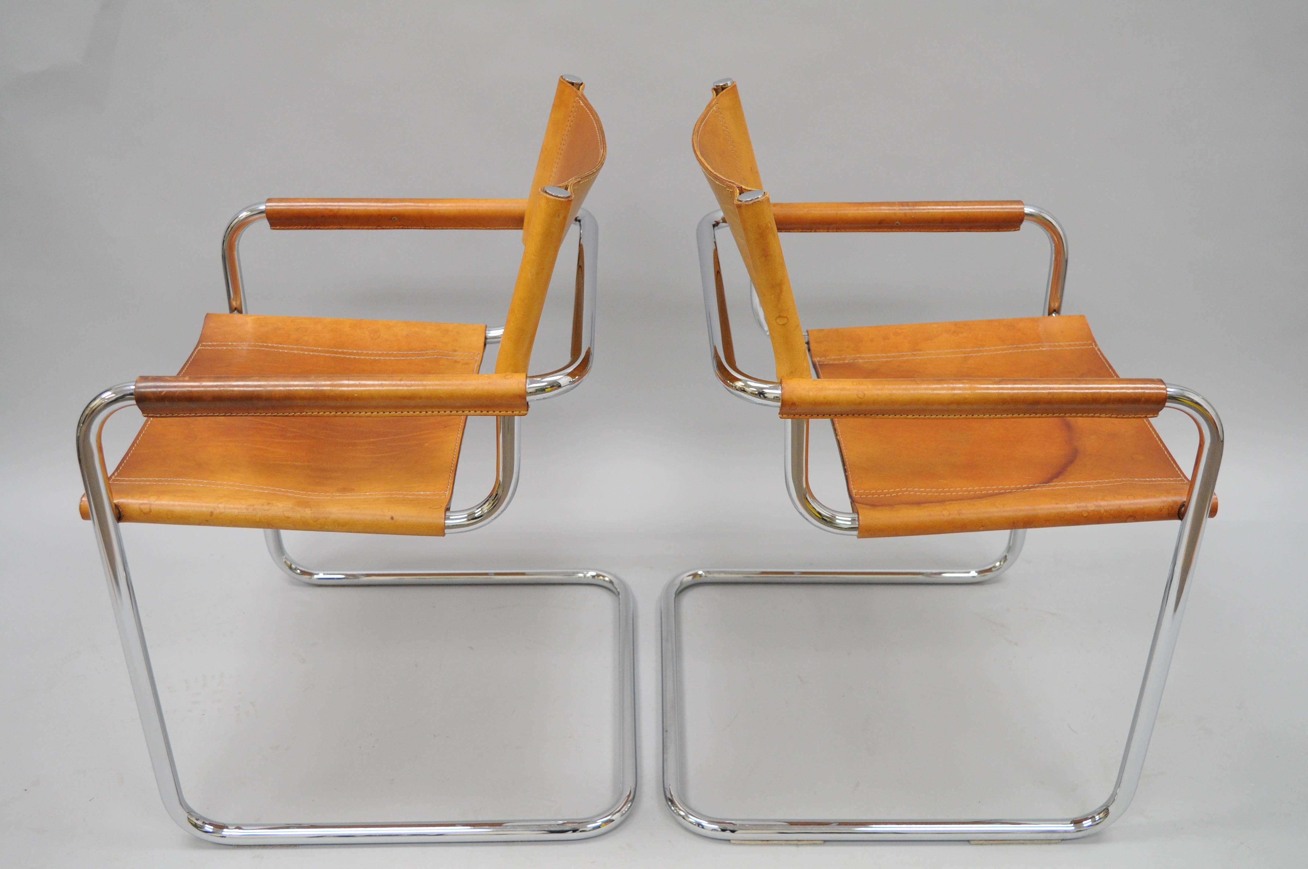 Mid-Century Modern Pair of Cognac Leather Mart Stam for Fasem S34 Dining Armchairs Tubular Chrome