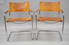 Pair of Cognac Leather Mart Stam for Fasem S34 Dining Armchairs Tubular Chrome