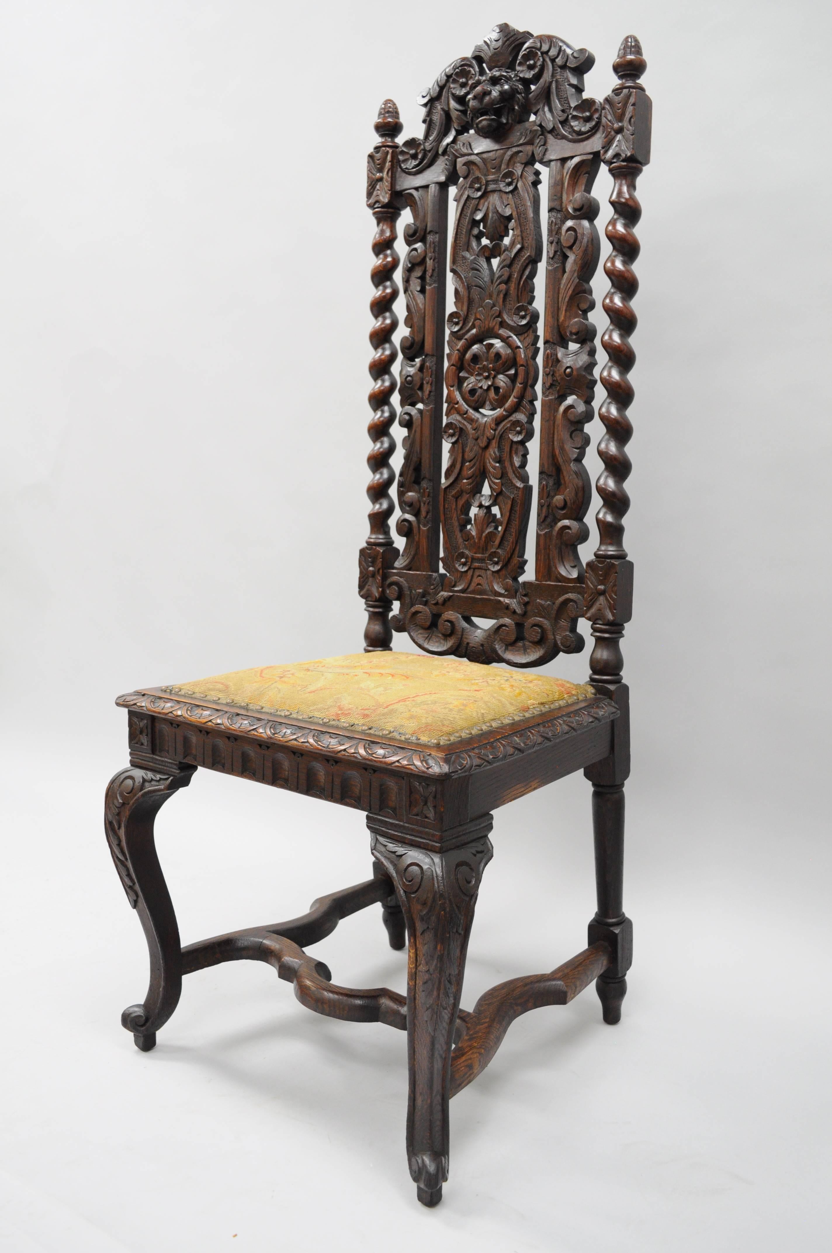 Renaissance Revival Figural Lion Carved Oak Barley Twist Tall Throne Hall Chair In Good Condition In Philadelphia, PA