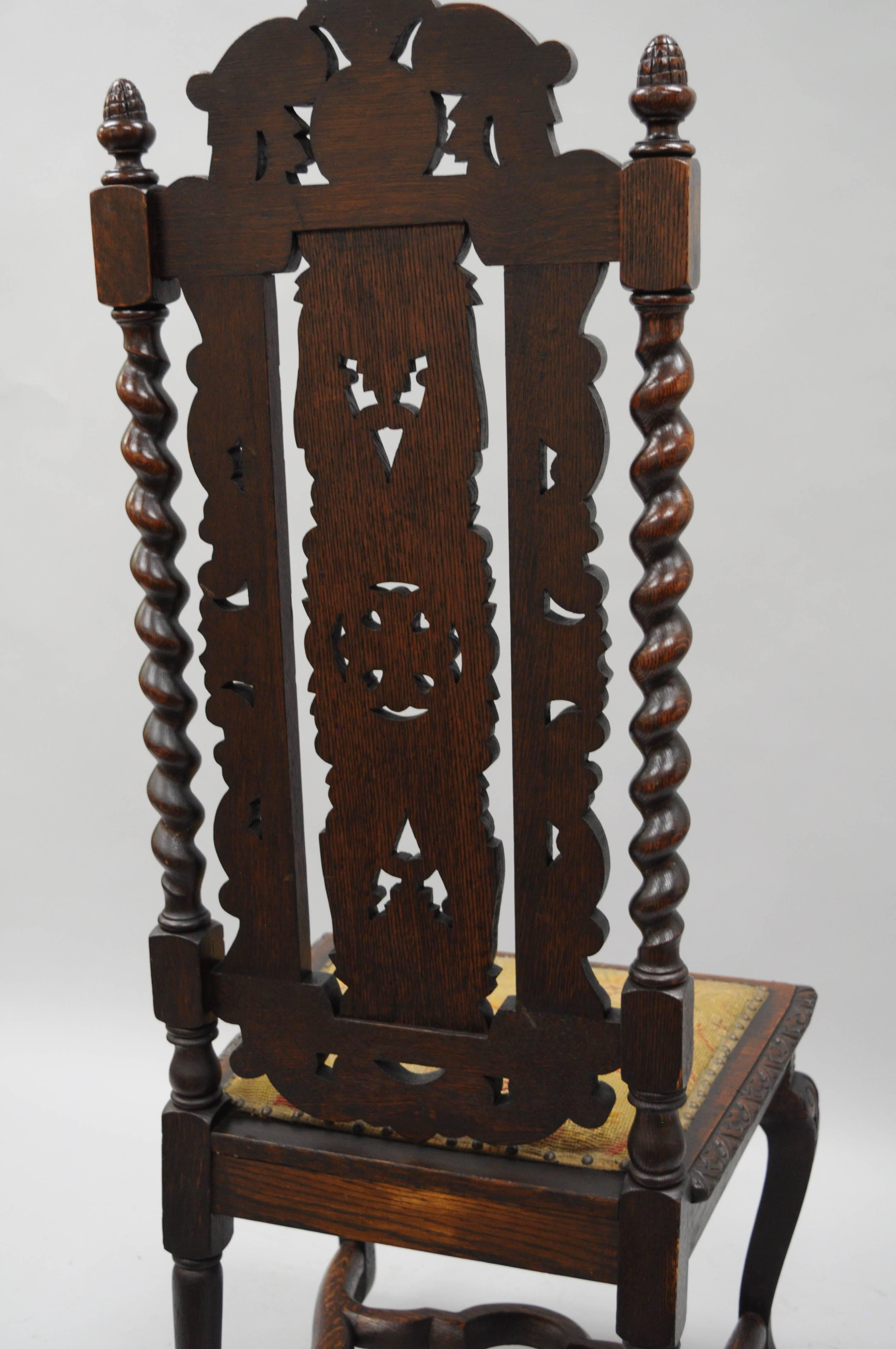 European Renaissance Revival Figural Lion Carved Oak Barley Twist Tall Throne Hall Chair