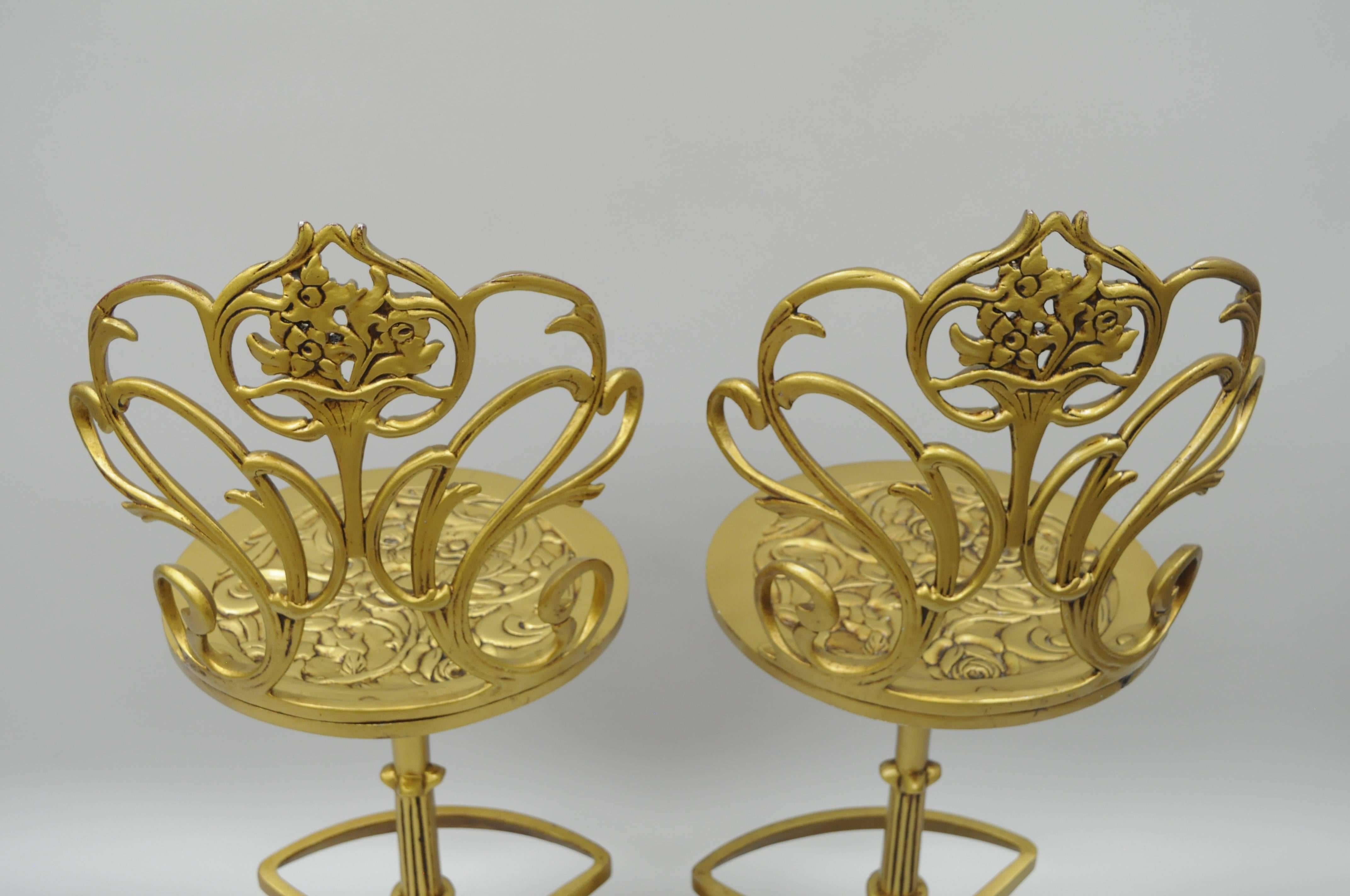 Set 4 Gold Hollywood Regency Art Nouveau Cast Aluminum Floral Swivel Bar Stools 1