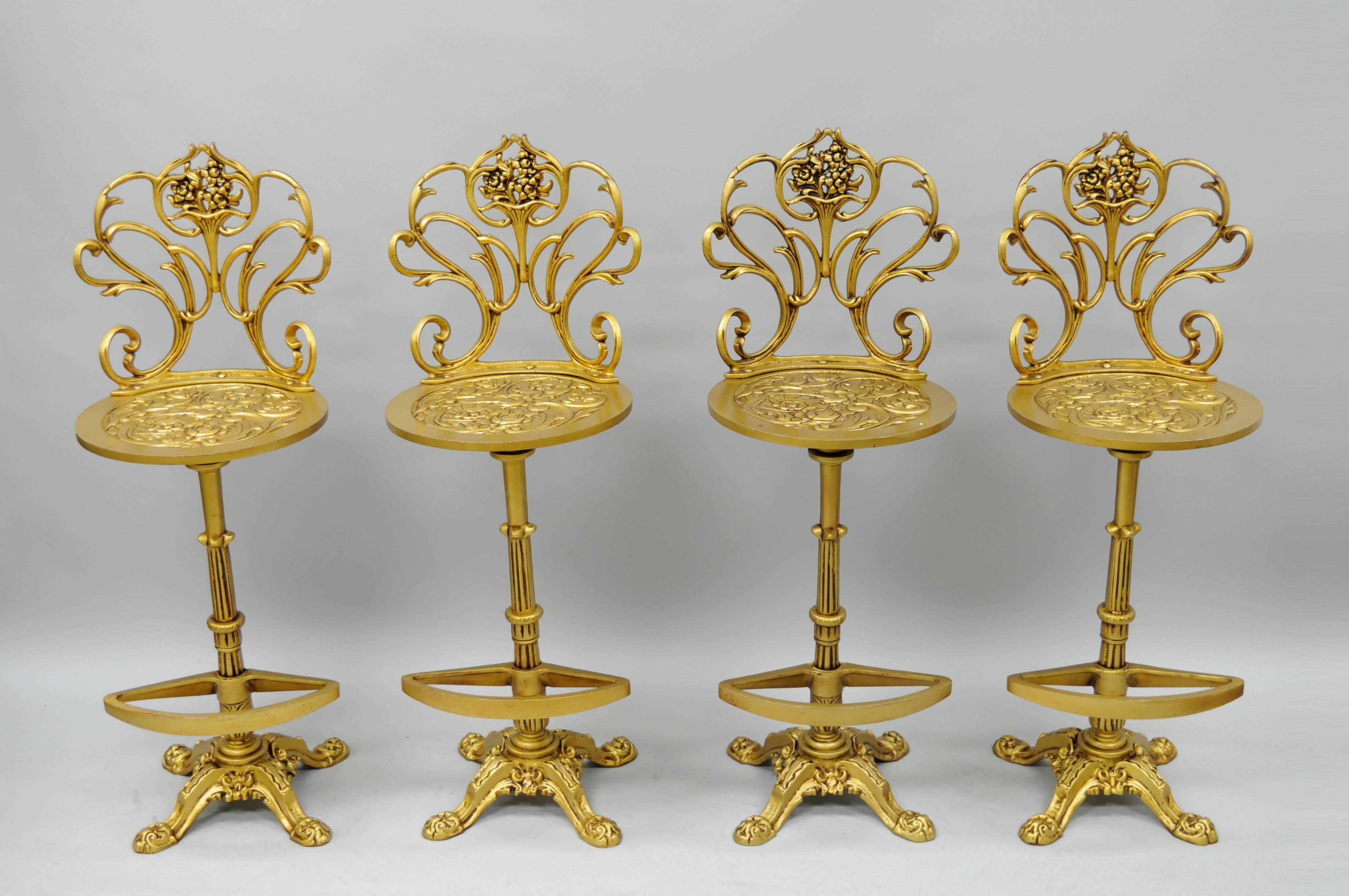 Set 4 Gold Hollywood Regency Art Nouveau Cast Aluminum Floral Swivel Bar Stools 2