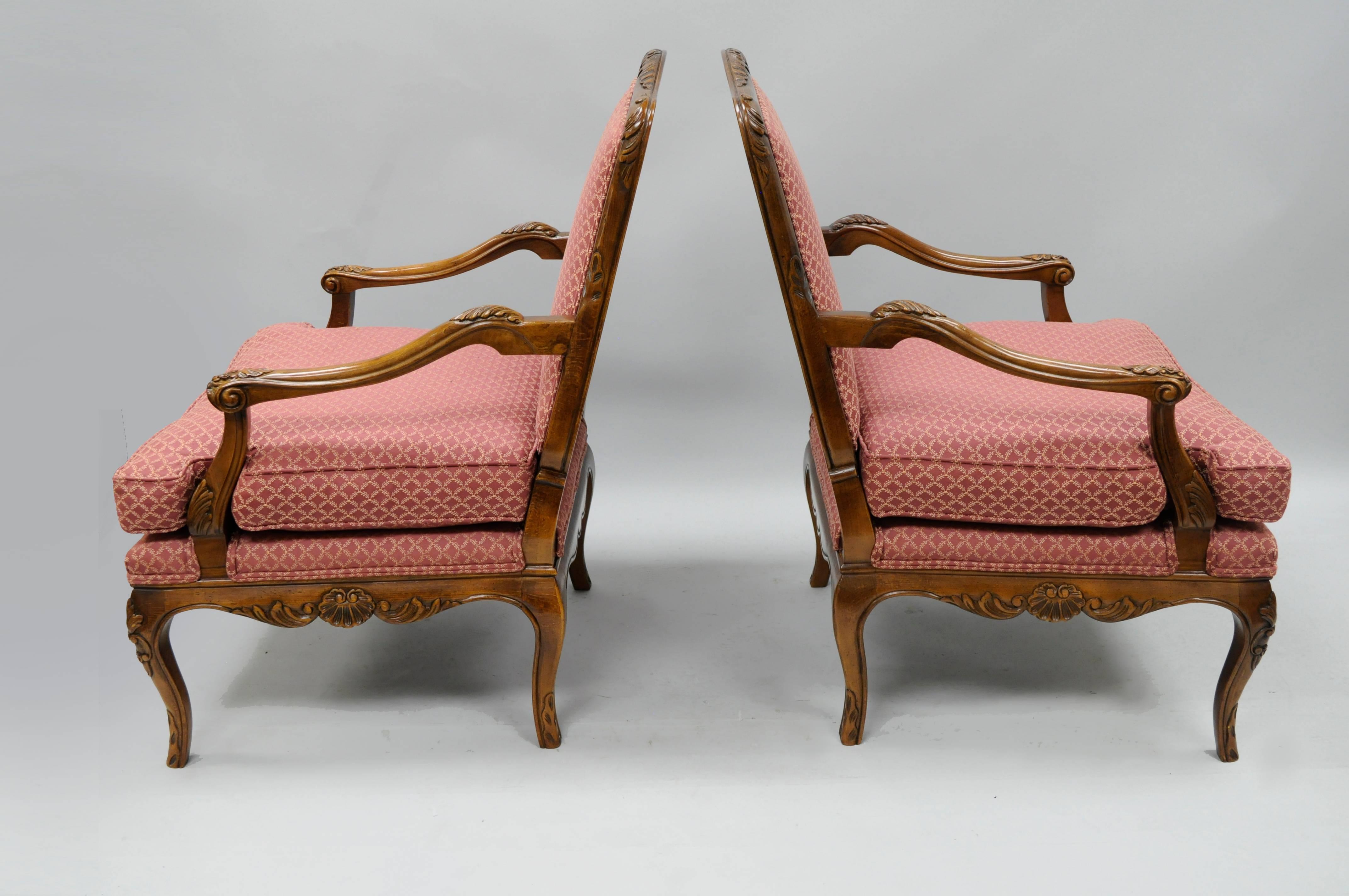 Pair of Country French Louis XV Shell Carved Century Bergere Lounge Arm Chairs 1