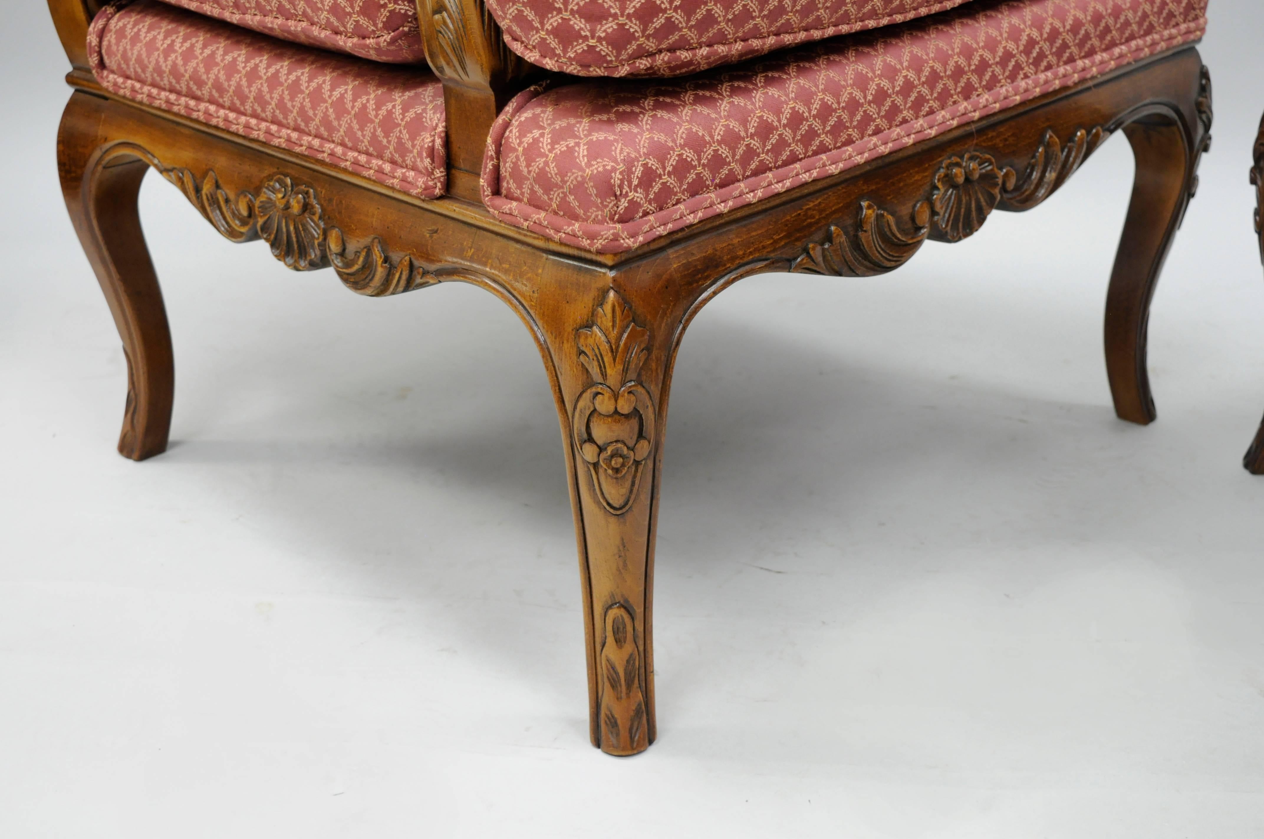 Pair of Country French Louis XV Shell Carved Century Bergere Lounge Arm Chairs In Excellent Condition In Philadelphia, PA