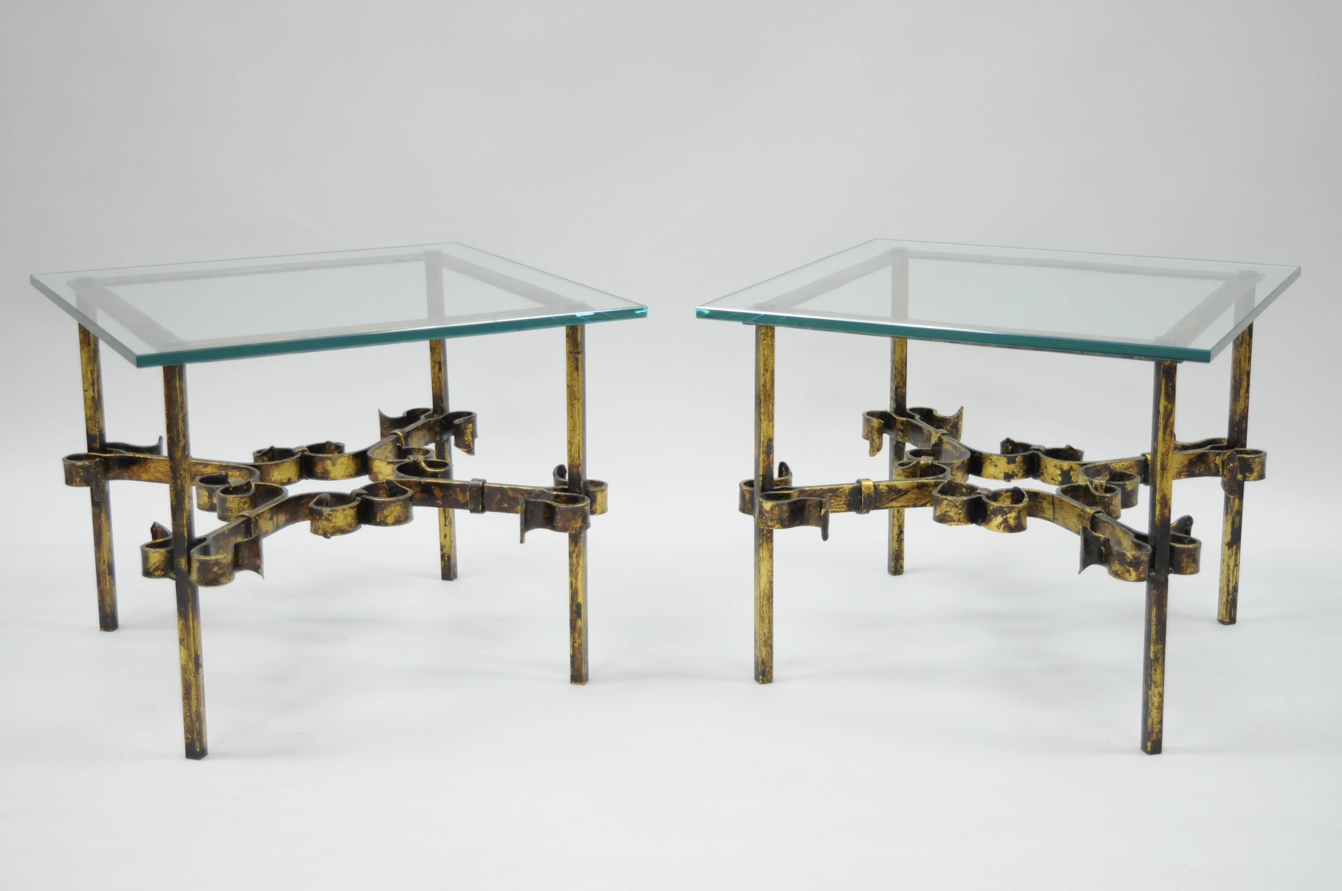 Pair Hollywood Regency Gold Gilt Iron Square Glass Top Brutalist Low End Tables For Sale 4